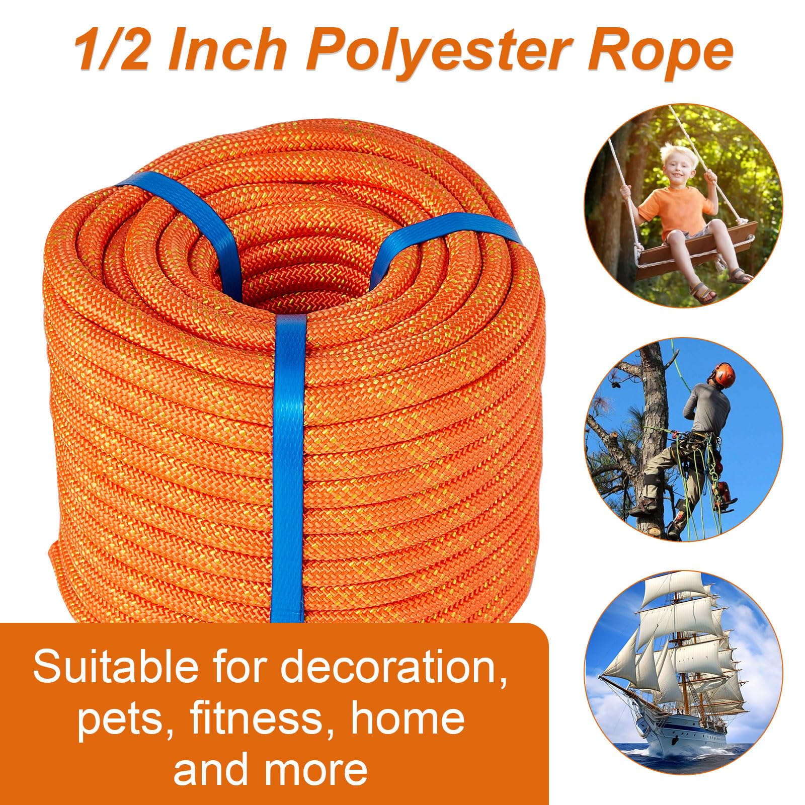 Polyester Arborist Rigging Rope – 1/2 Inch X 150 Feet, High Strength, Orange Color For Climbing, Towing & Outdoor Use - View #12