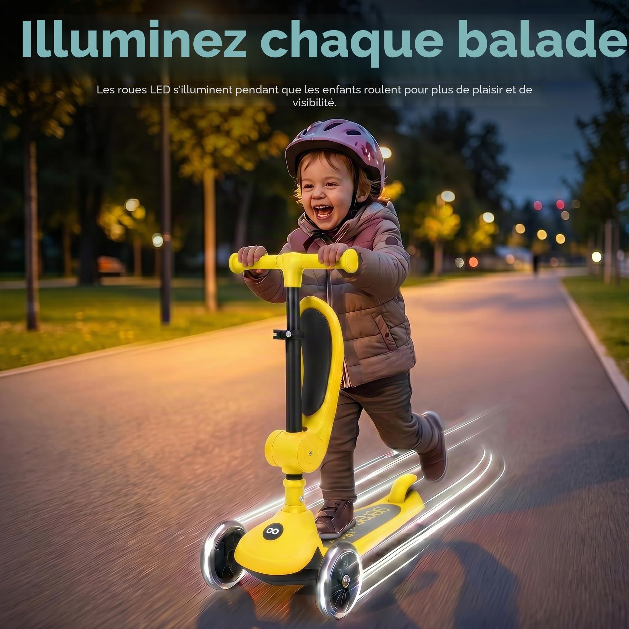 SereneLife Trottinette Enfant 2 en 1 avec Siège – 3 Roues Pliable, Hauteur Réglable, Roues LED
