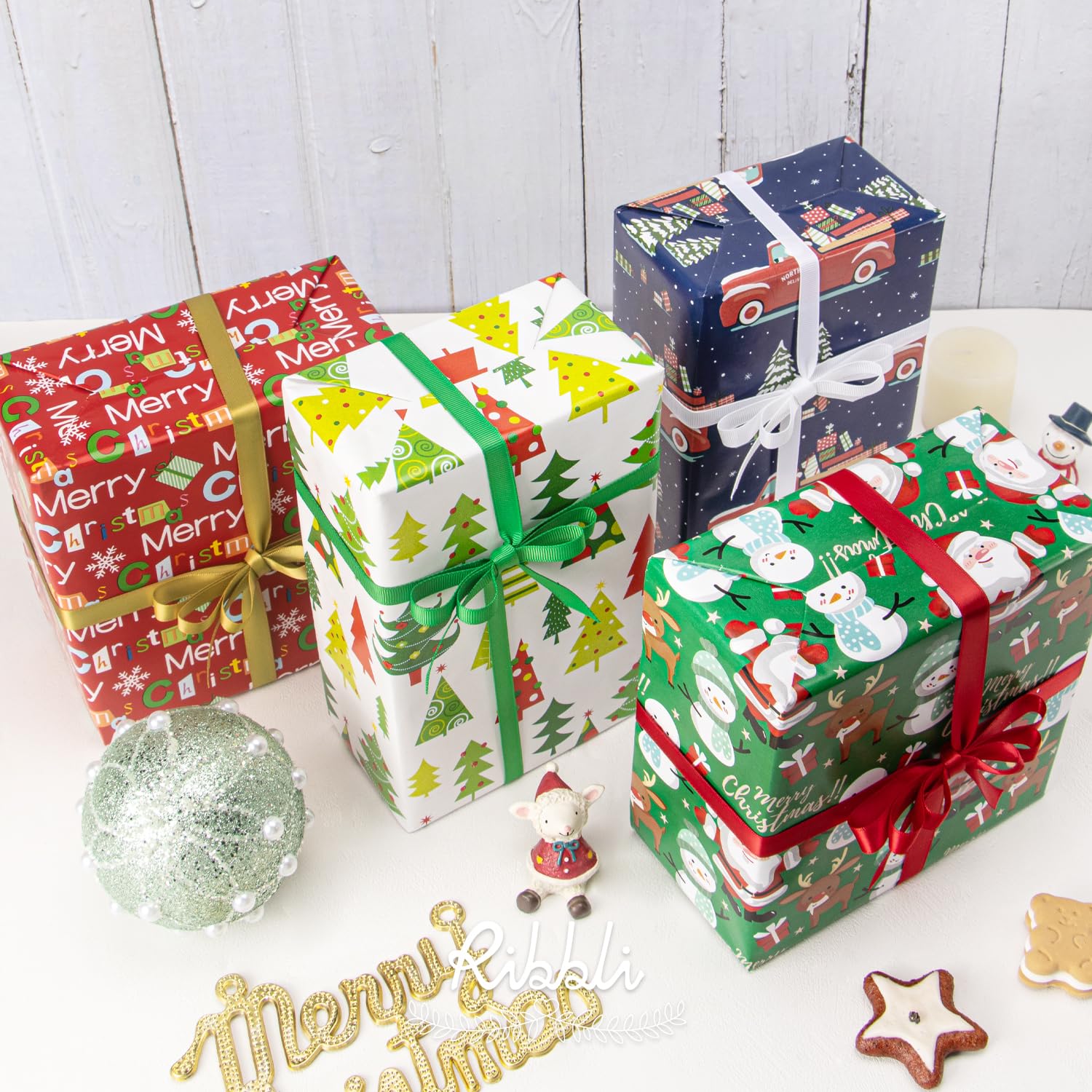 Ribbli Papel de regalo de Navidad de 30 pulgadas, 4 rollos de Feliz Navidad, Papá Noel, muñeco de nieve, árbol de Navidad, surtido de 30 pulgadas x 10 pies por rollo