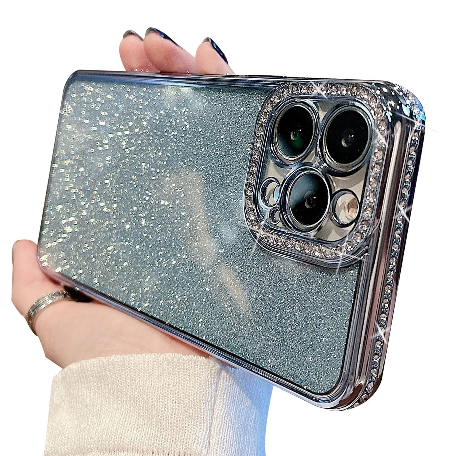 MINSCOSE Clear Glitter Case for iPhone 12 Pro Max Case,Luxury Cute Flexible Sparkly Rhinestone Case with Bling Crystal Shockproof Camera Lens Protector Design for Women Girls-Light Blue