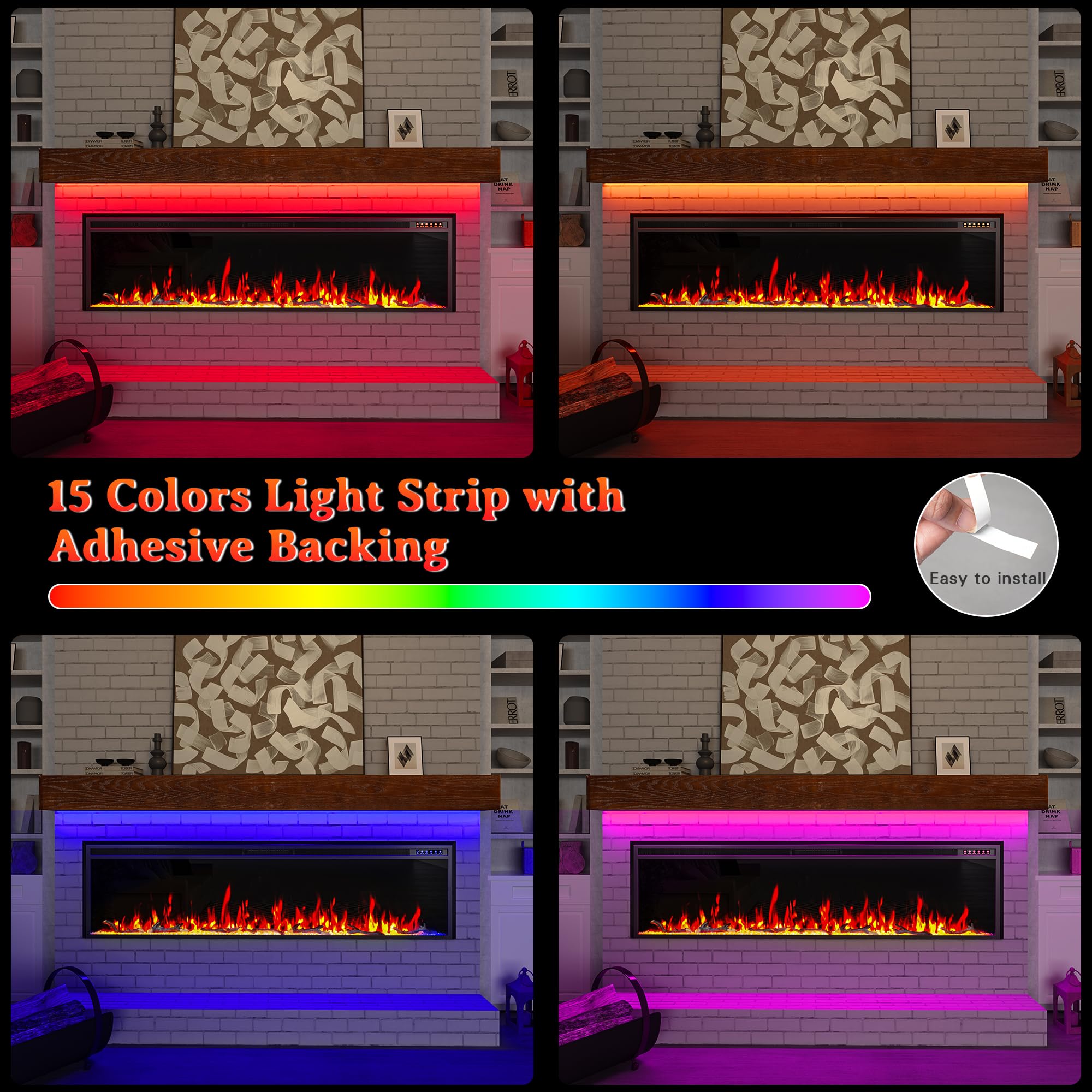 Weyderk 72 Inch Electric Fireplace, Wall Recessed Fireplace Insert with Remote Control, Slim Linear Heater 1500w for Living Room with Log, Crystal and Strip Light, 12 Adjustable Colors, 1-8H Timer