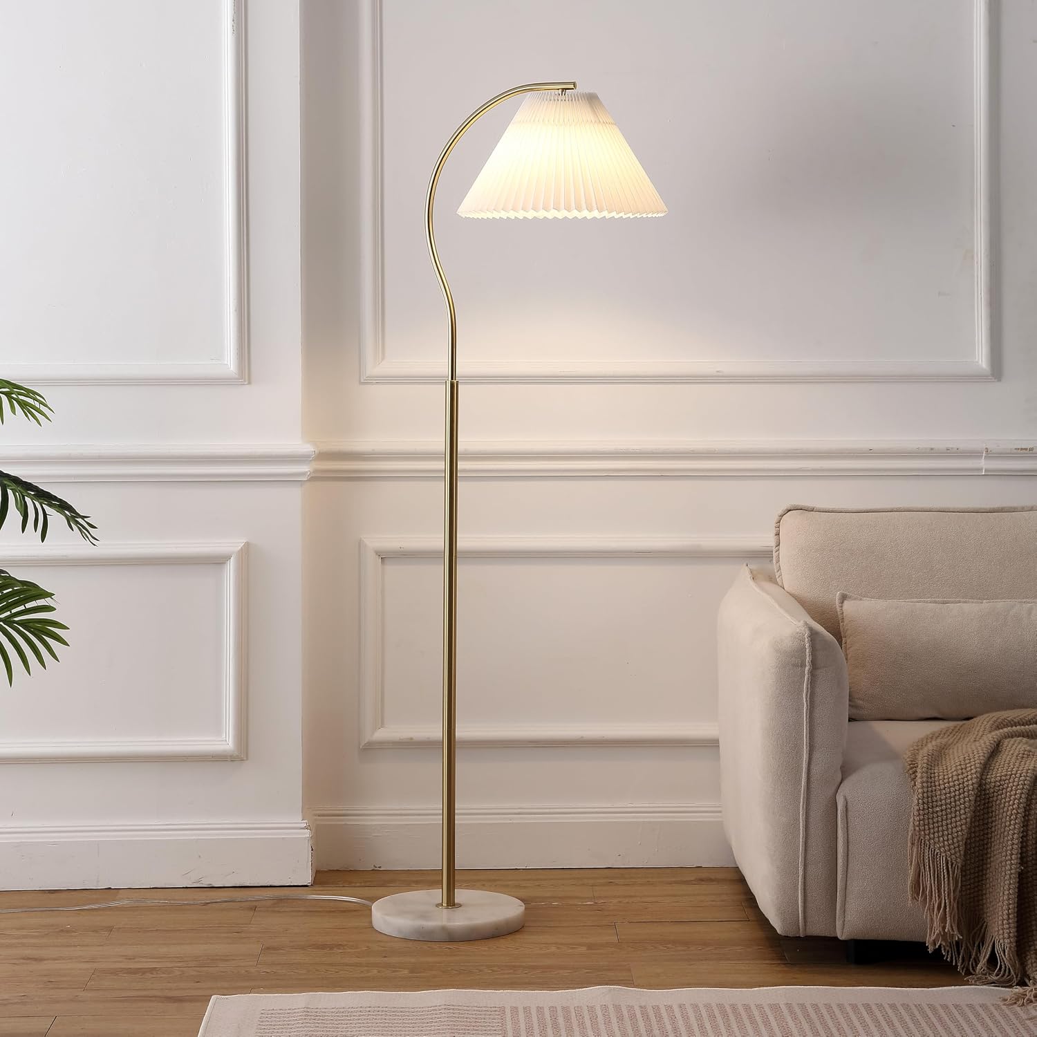 JONATHAN Y 60.5" Brass Gold and White Marble Metal Arc Floor Lamp Minimalist Modern Glam Standing Lamp for Living Room Bedroom with Pleated Empire Shade LED Bulb Included JYL1148C