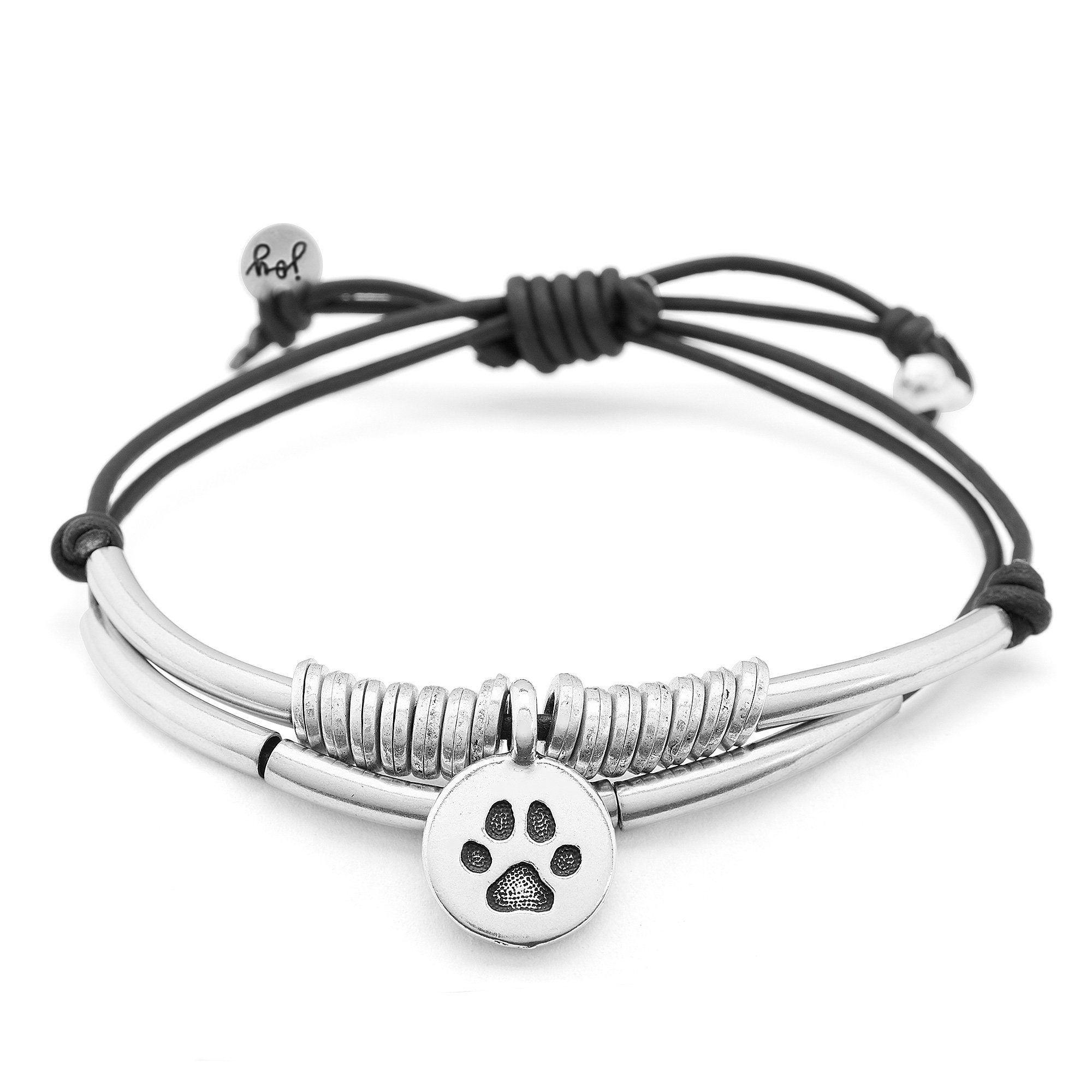 Lizzy JamesCalm Charm Bracelet 2 Strand Adjustable Silver Plated Black Leather w Paw Charm