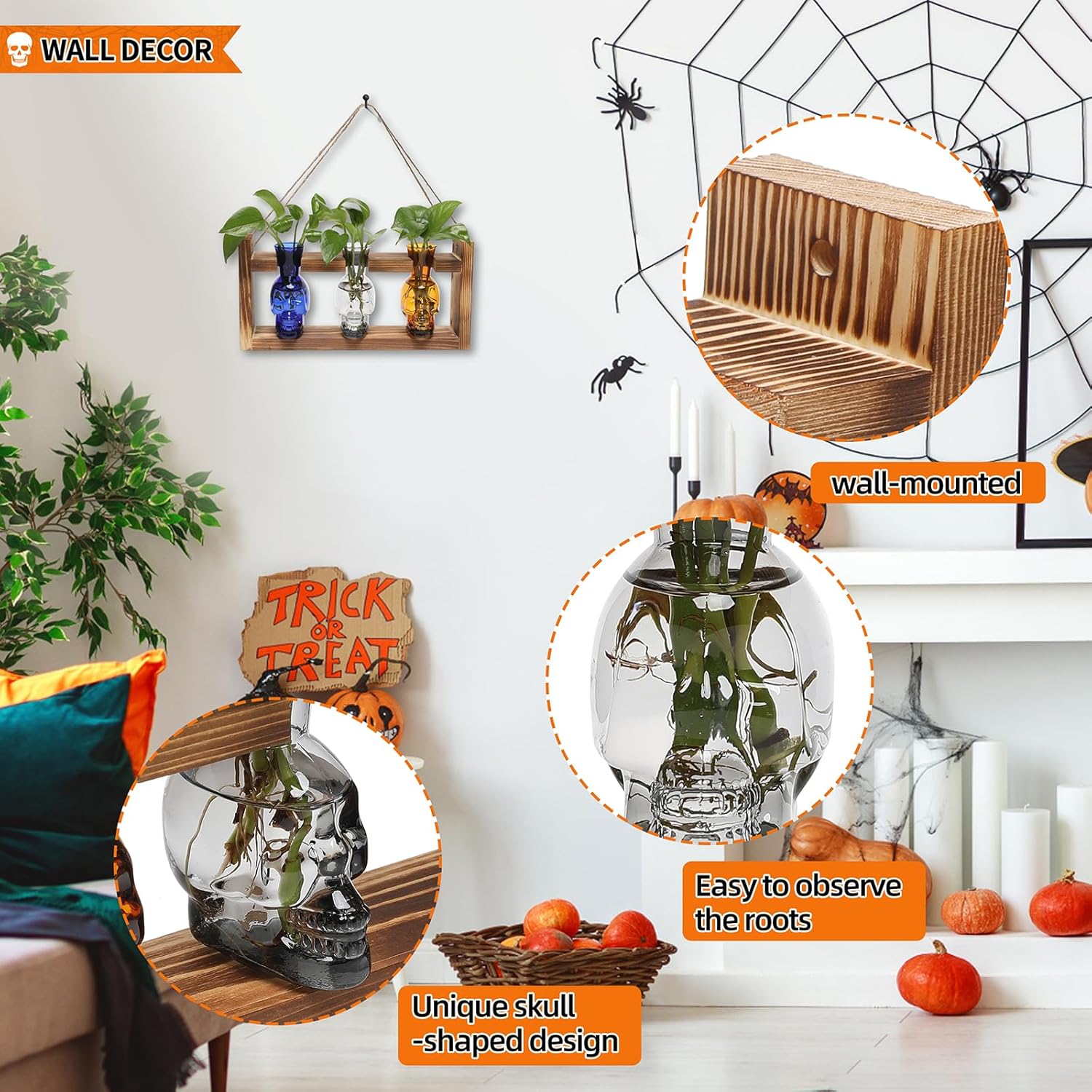 Plant Terrarium Propagation Stations Hydroponics Halloween Skull Planter Vase Skulls Decor with Wooden Stand Gift for Father