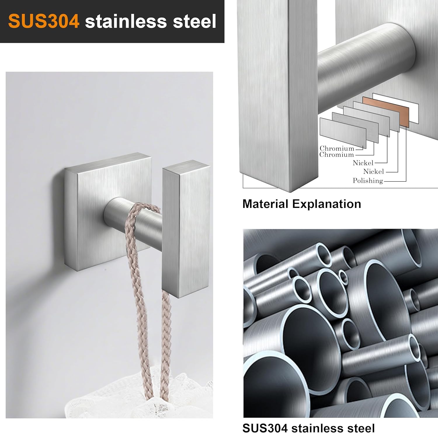 Towel Hooks for Bathrooms, Brushed Nickel Towel Hook for Kitchen Bathroom, SUS304 Stainless Steel Coat Hook, Square Heavy Duty Holder Robe Hooks for Hanging Towels, Coats, sponges, Wall Mount, 4 Pack