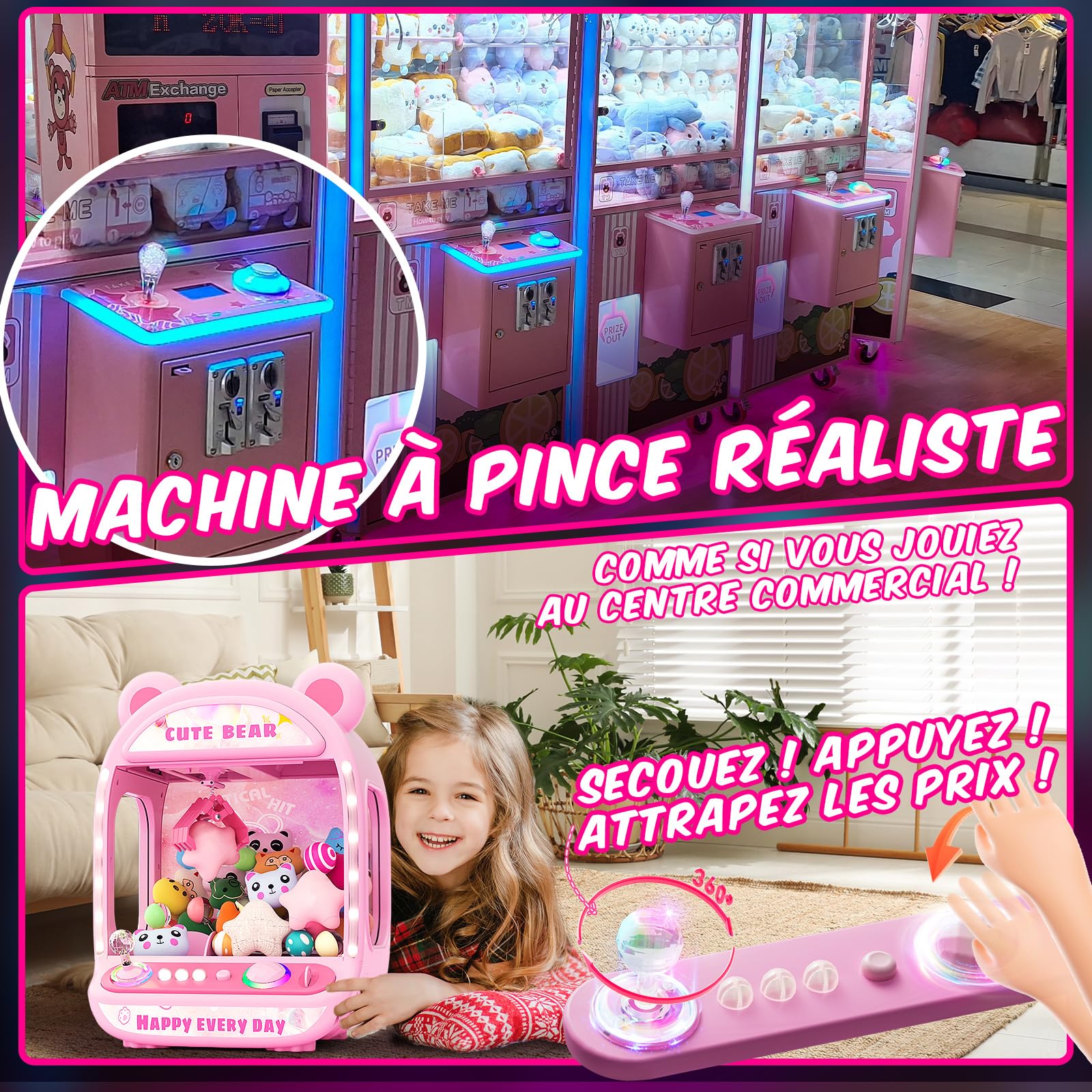 Machine à Griffer pour Enfants, Jouets Licorne pour Filles 6+, Jeux d'Arcade Mini Distributeur de Bonbons avec Jouet Squishy, Rose