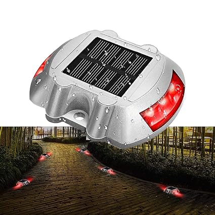 hardoll Solar Road Stud Light /Rechargeable6 LED Lamp Waterproof Outdoor Lantern Step Pathway Lights for Security Driveway (Red Flashing)(Metal)