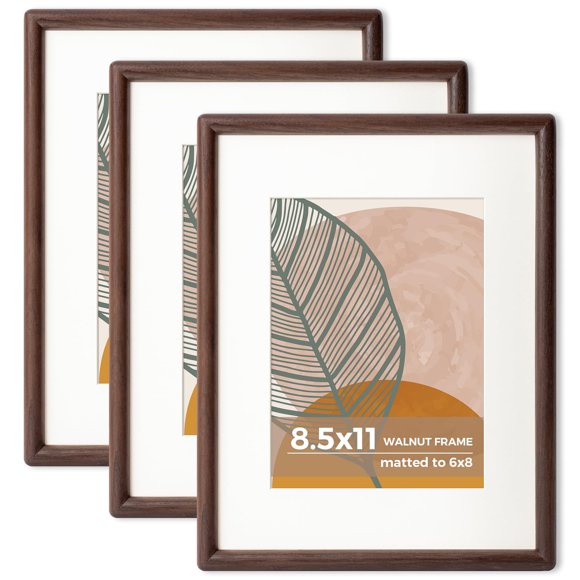 Axeman 8.5x11 Walnut Frame Set of 3 - Rounded Corner 8.5 by 11 Picture Frame with Mat for 6x8 - Natural Walnut Wood 8.5x11 Frame for Diploma