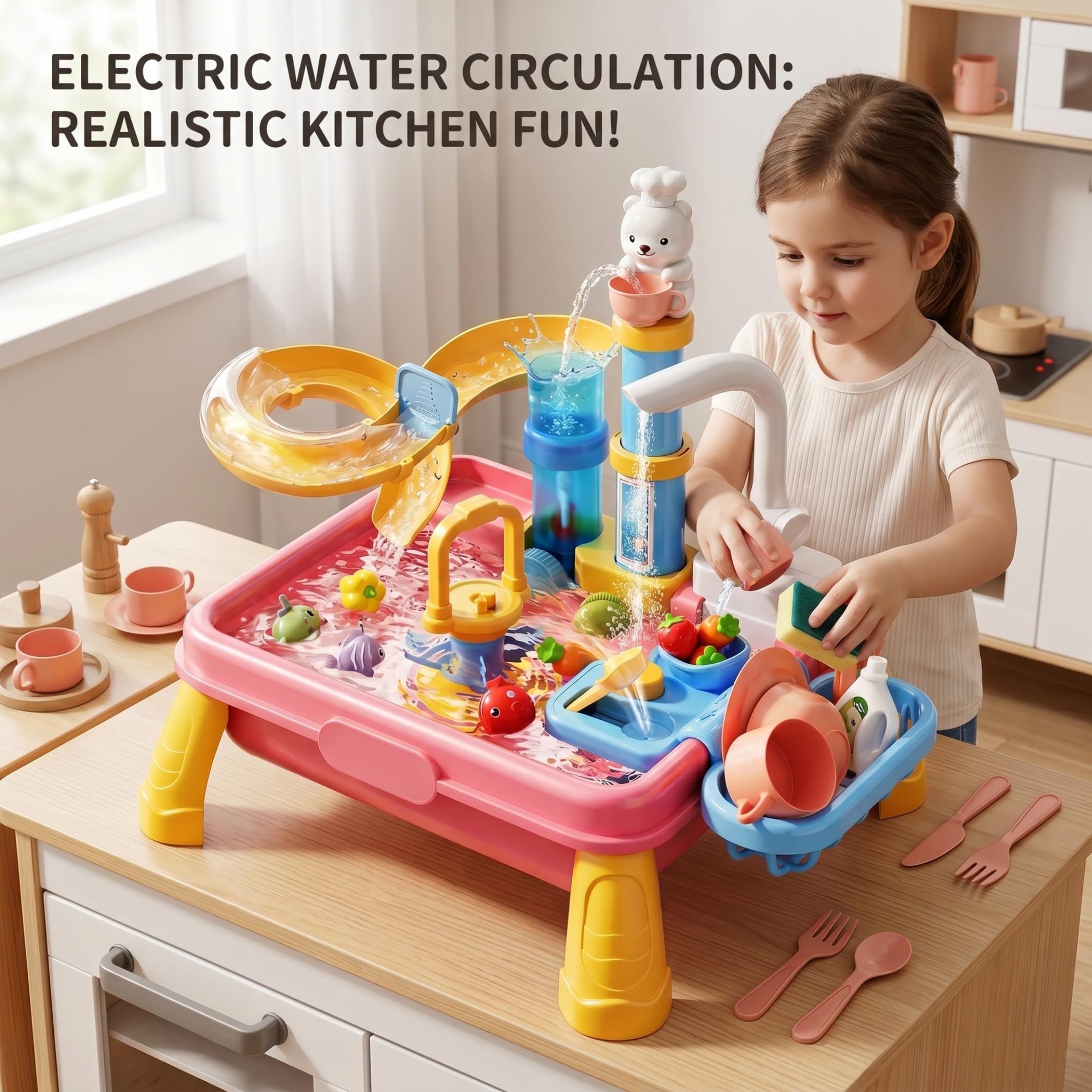 Lavandino Giocattolo con Acqua Corrente Tavolo da Gioco Acquatico 7 in 1 per Bambini con Giocattolo da Pesca Cucina realistica per Giochi di Ruolo circolazione Automatica per Bambini Style1