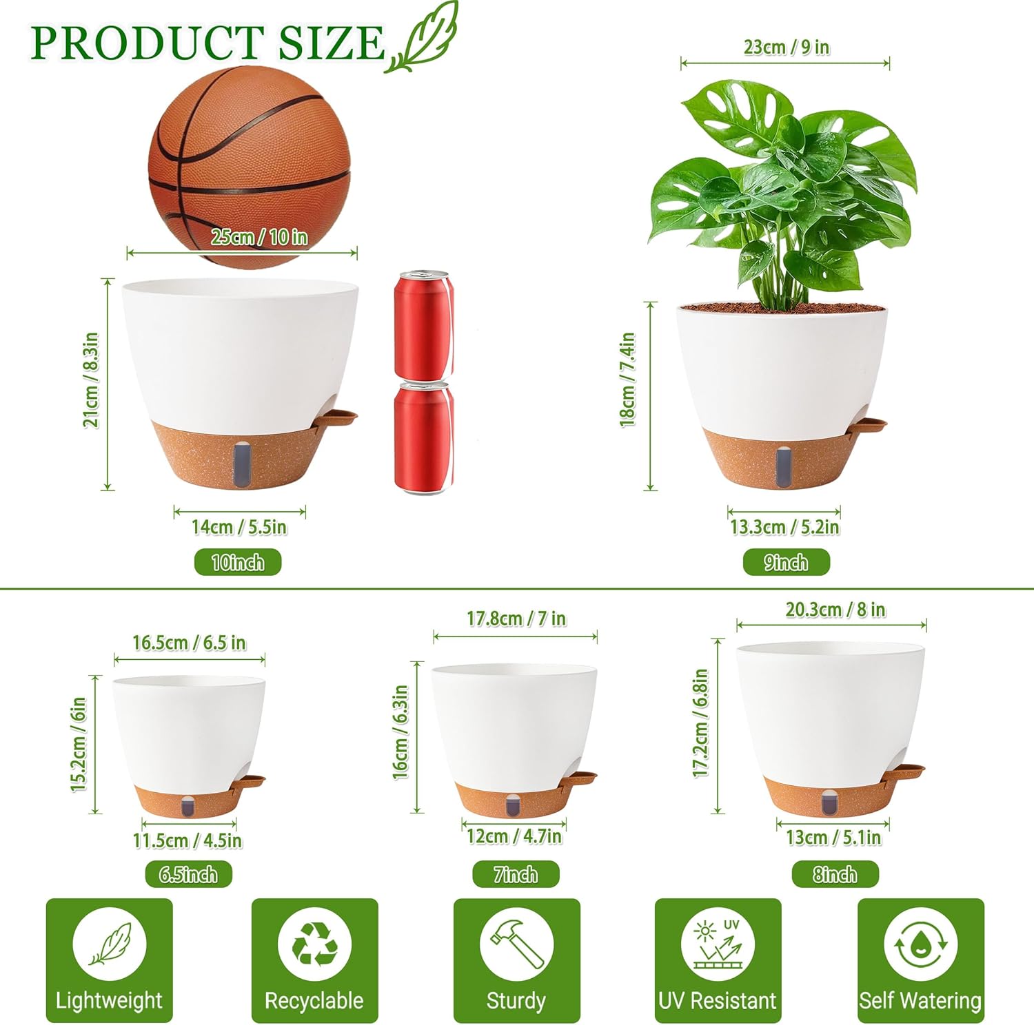 Self Watering Pots for Inoor Ourdoor Plants 10/9/8/7/6.5 Inch Plastic Planters with Drainage Holes & Water Level Indicator, Decorative House Flower Nursery Planting Pots with Saucers ((White)