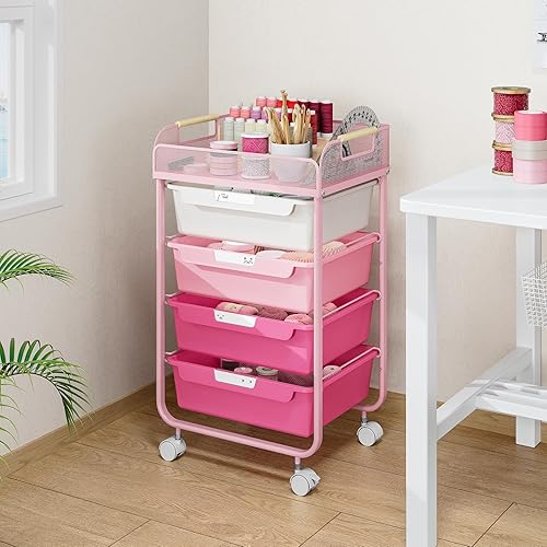 Miniatura 9 de Carrito rodante con 4 cajones, carrito utilitario rodante de 4 niveles, carrito de almacenamiento rodante con parte superior de malla, carrito de