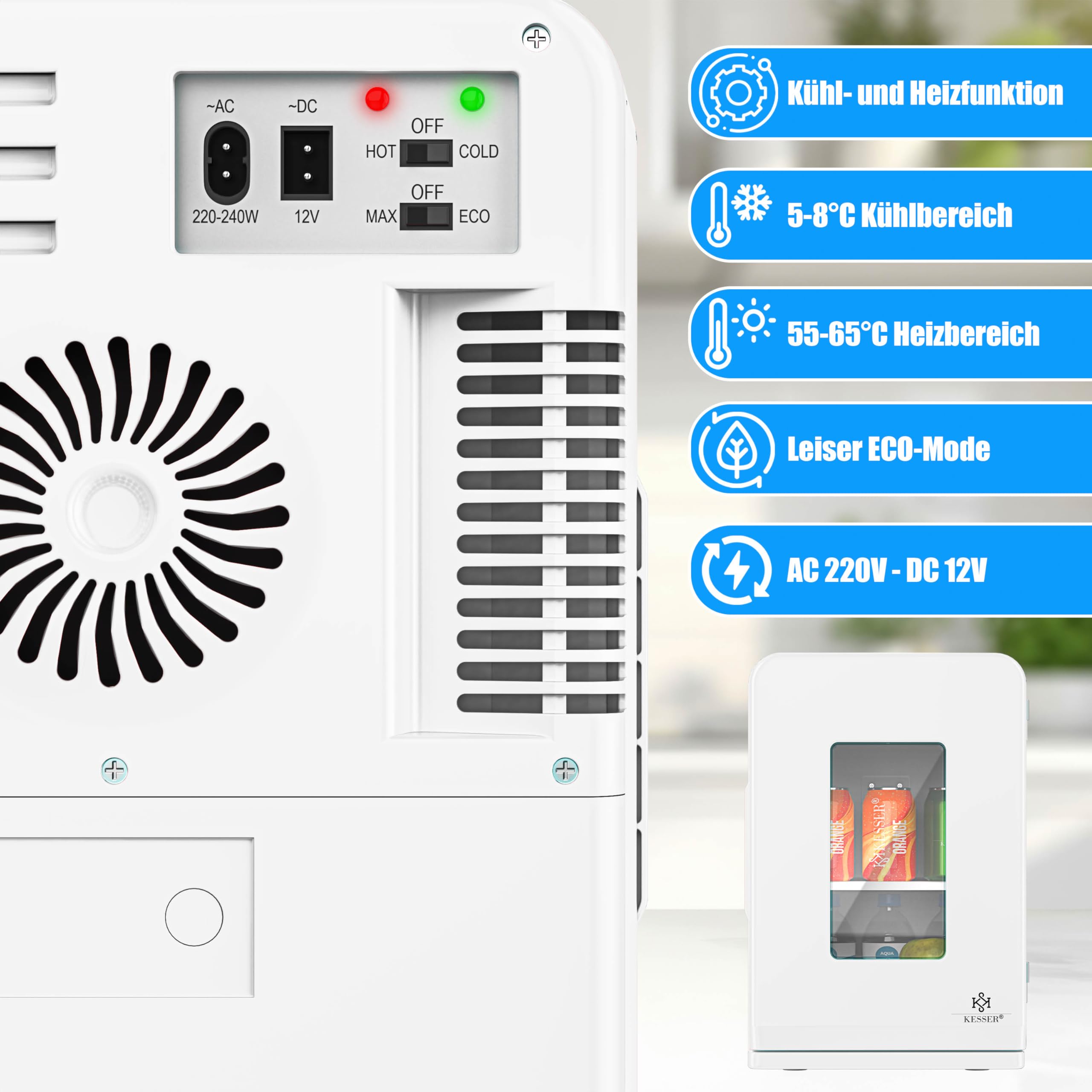 KESSER® 2in1 mini frigo box 15 litri funzione raffreddamento e riscaldamento portatile AC DC 220-240V/12V presa e accendisigari scalda sigaretta mini box termico auto ufficio, bianco