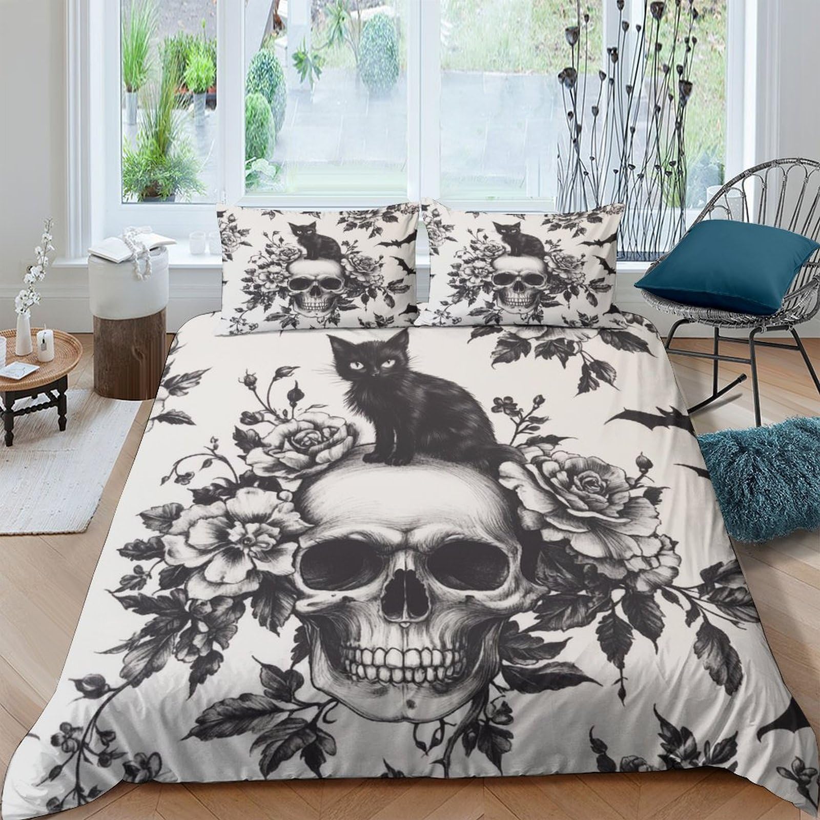 GPLZQXKJNH 3D Printed Skull Floral Duvet Cover Microfiber Black Cat Bedding Set with 2 Pillowcases for Bedroom Decor Single（135x200cm）