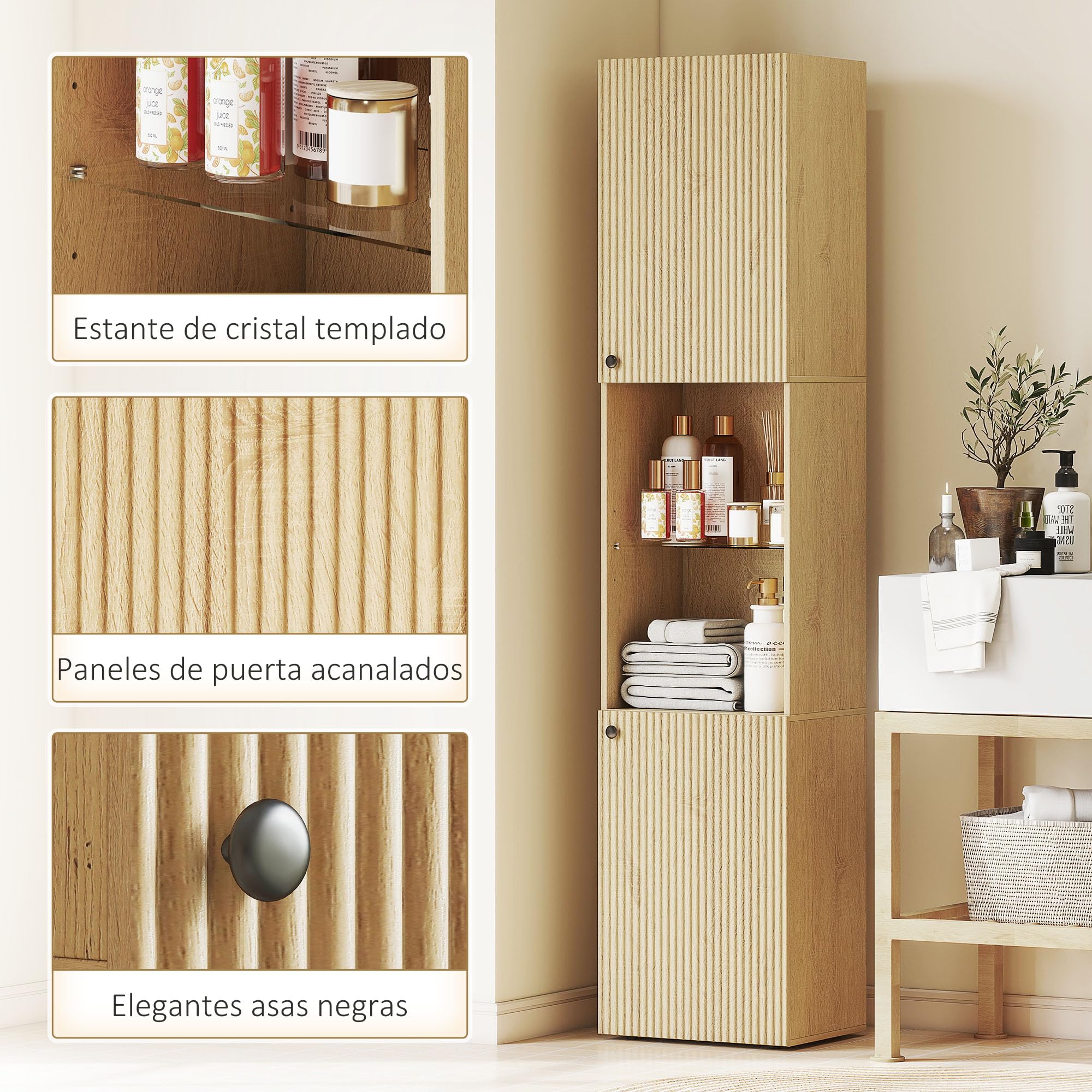 HOMCOM Armario de Baño Alto, Columna de Baño Estrecha de 6 Niveles con 2 Puertas, Estante de Vidrio Templado, Estantes Ajustables, 40x31x182 cm, Roble