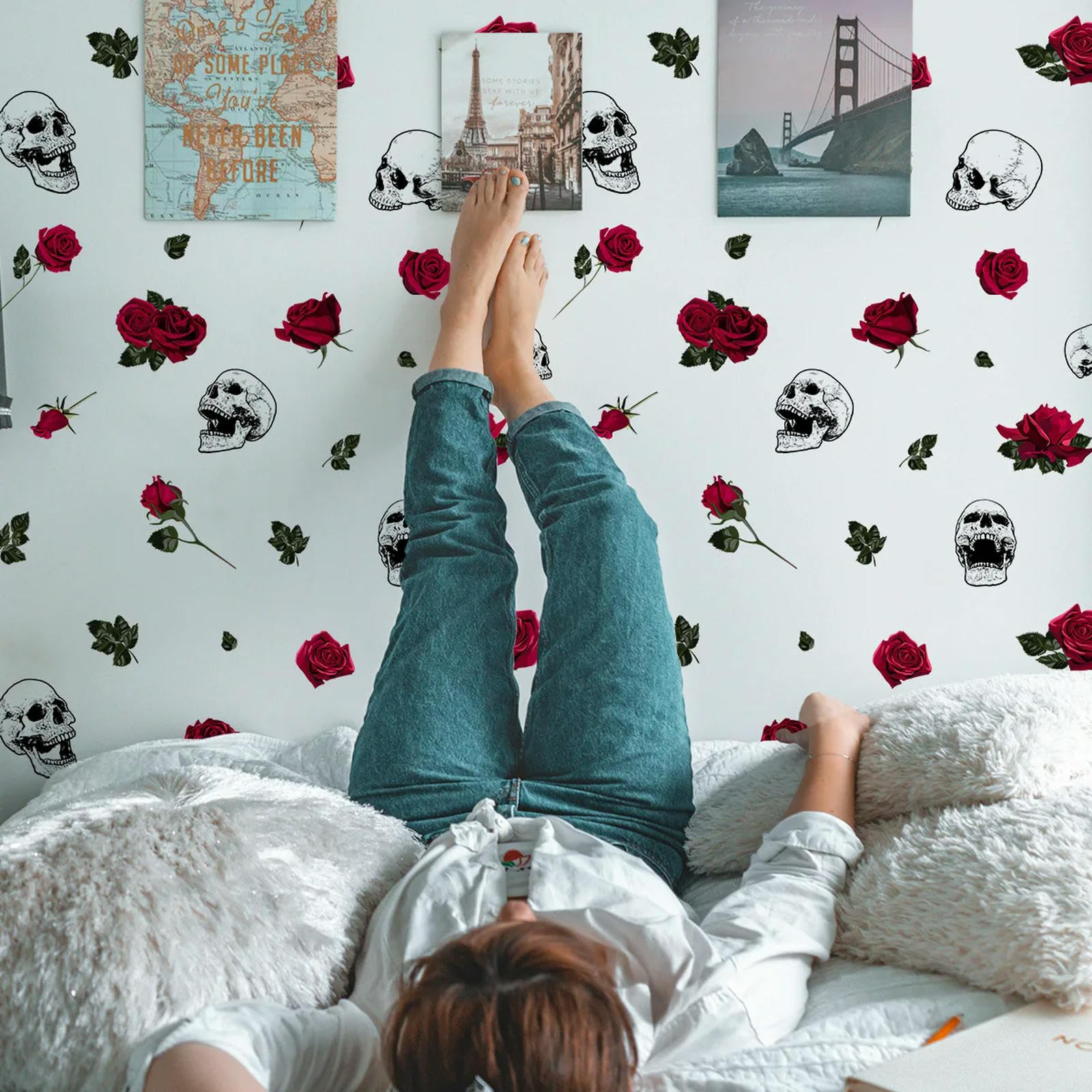 DOTUIARG Rose Skull Pattern Wall Sticker Rose & Skull DIY Wall Decal Background Wall Decoration