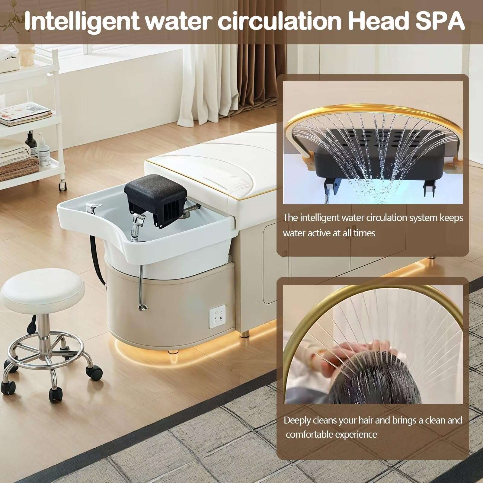 Łóżko spa do salonu fryzjerskiego, łóżko szampon z myciem i masażem włosów, obieg wody, dymiacja, nastrojowe światło, nowoczesny i czysty design, białe