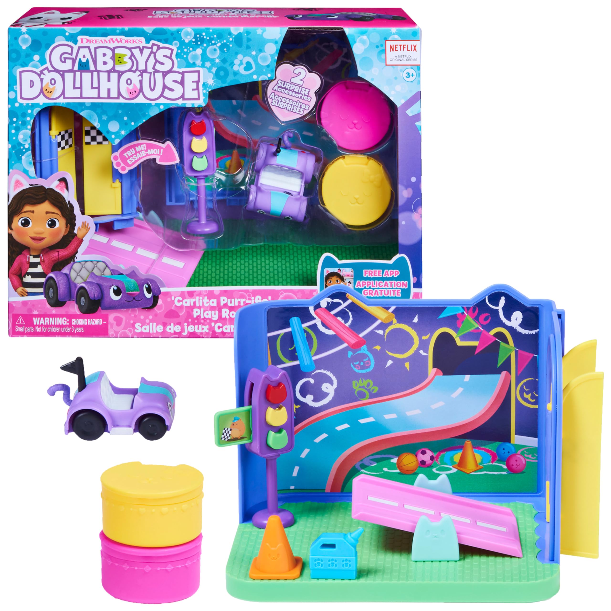 Gabby's Dollhouse, Stanza dei giochi Carlita Purr-ific con la macchinina giocattolo Carlita, accessori, mobili e scatola con sorpresa, per bambini dai 3 anni in su
