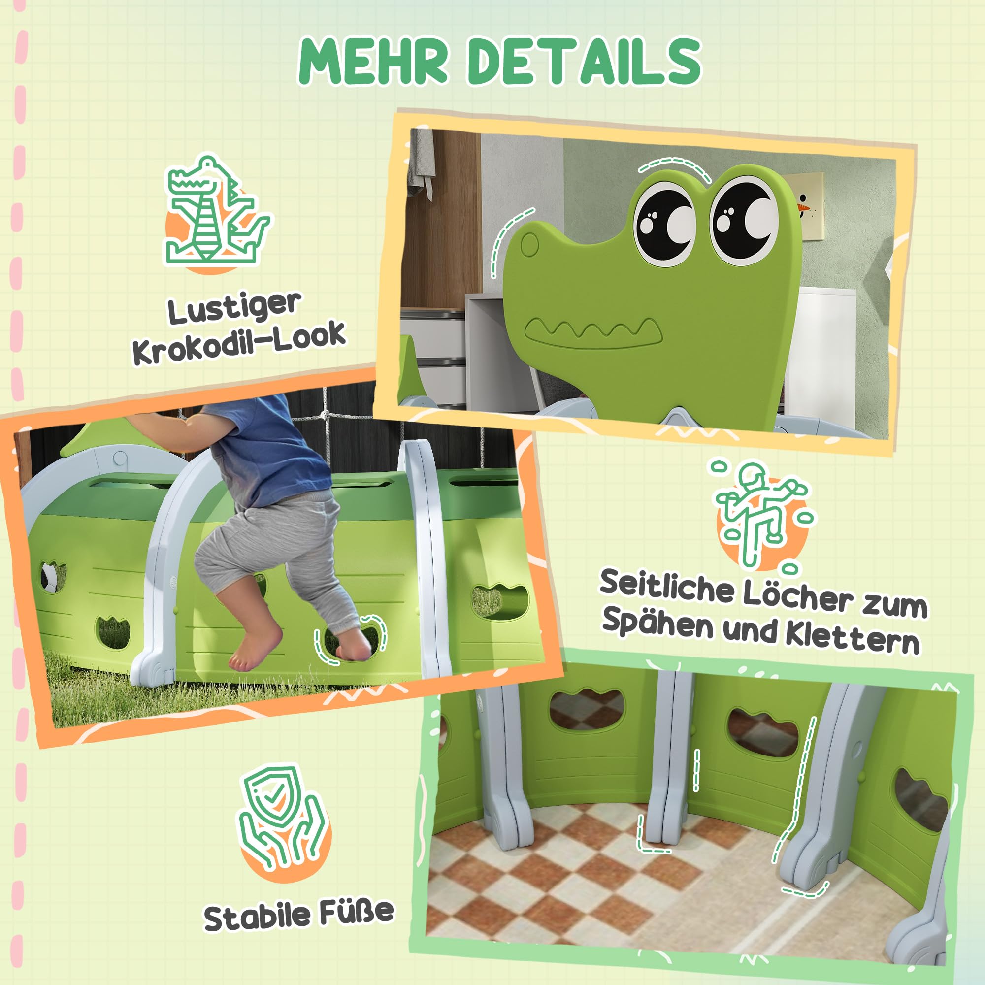 AIYAPLAY Spieltunnel 194 cm Kinder Tunnel aus HDPE Krabbeltunnel in Cartoon-Krokodil Kriechtunnel für Kinder 3-6 Jahre, Grün
