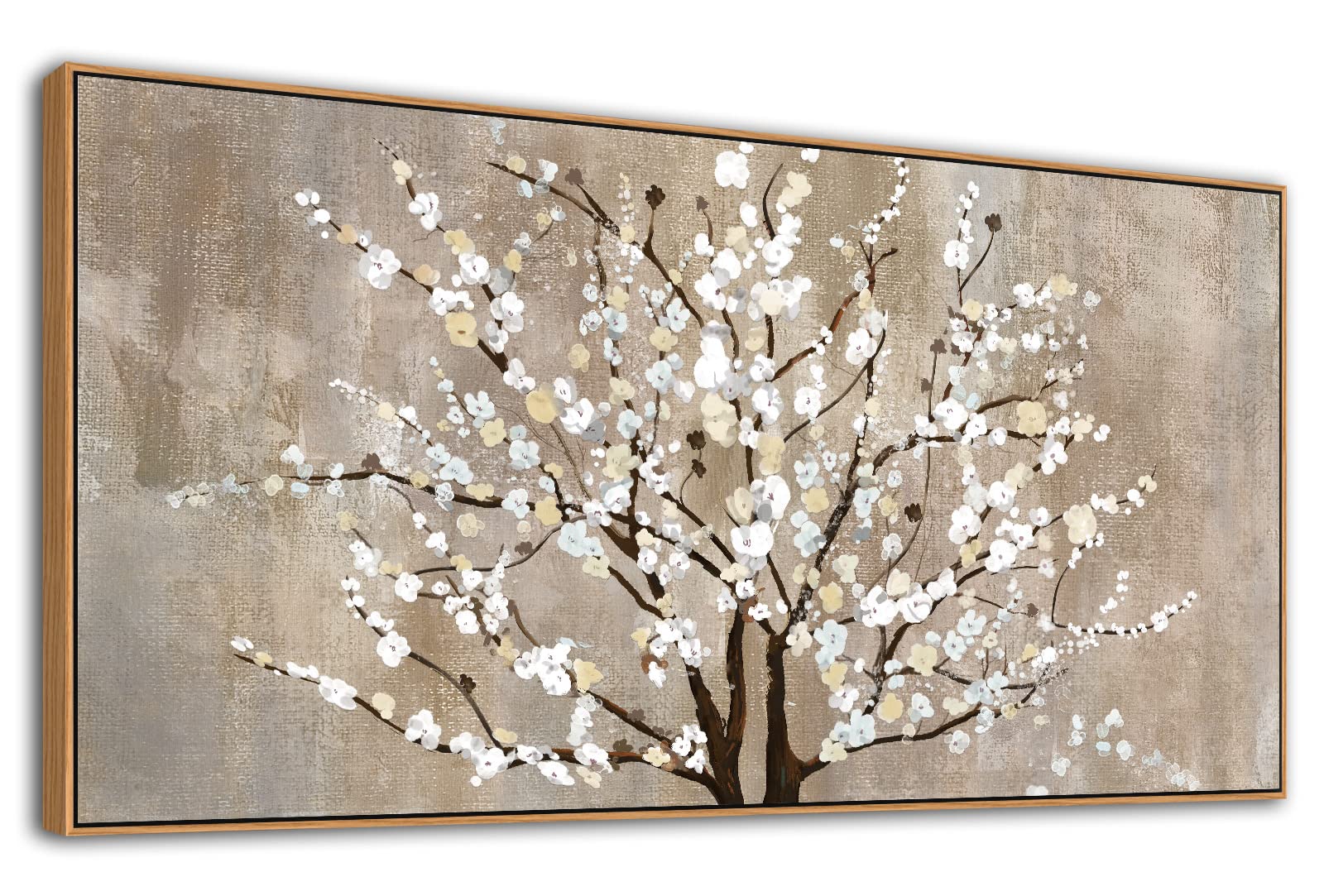 Framed Canvas Wall Art Plum Blossom Flowers Canvas Pictures for Living Room Bedroom Wall Decor Brown Abstract Floral Canvas Art Prints Artwork Home Office Wall Decorations Natural Wood Frame 20" x 40"
