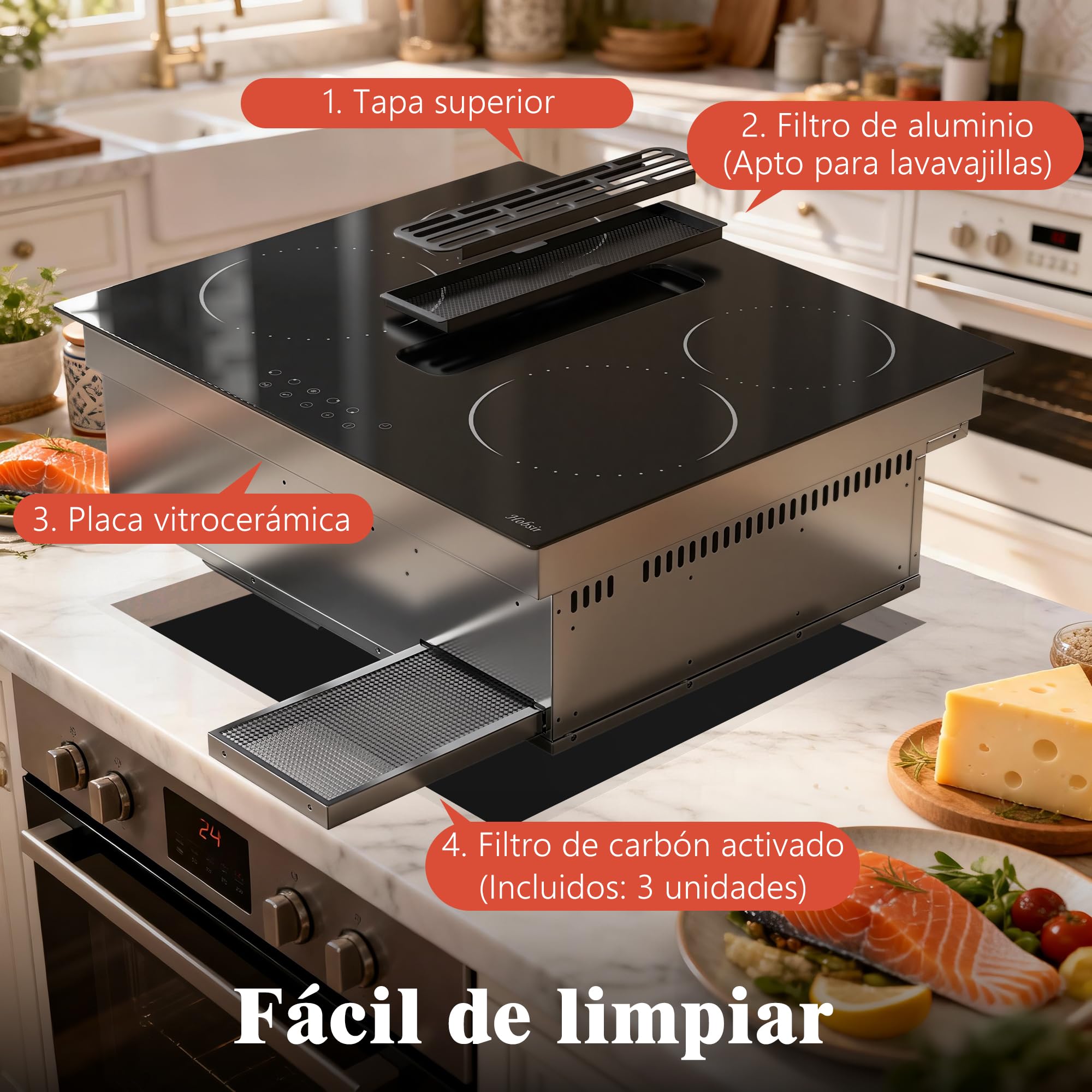 Hobsir Placa Vitrocerámica con Extractor Integrado 60 cm, 4 Zonas, 6000W | Campana con Recirculación, 9 Niveles de Potencia, Función Pausa, Bloqueo Infantil y Temporizador