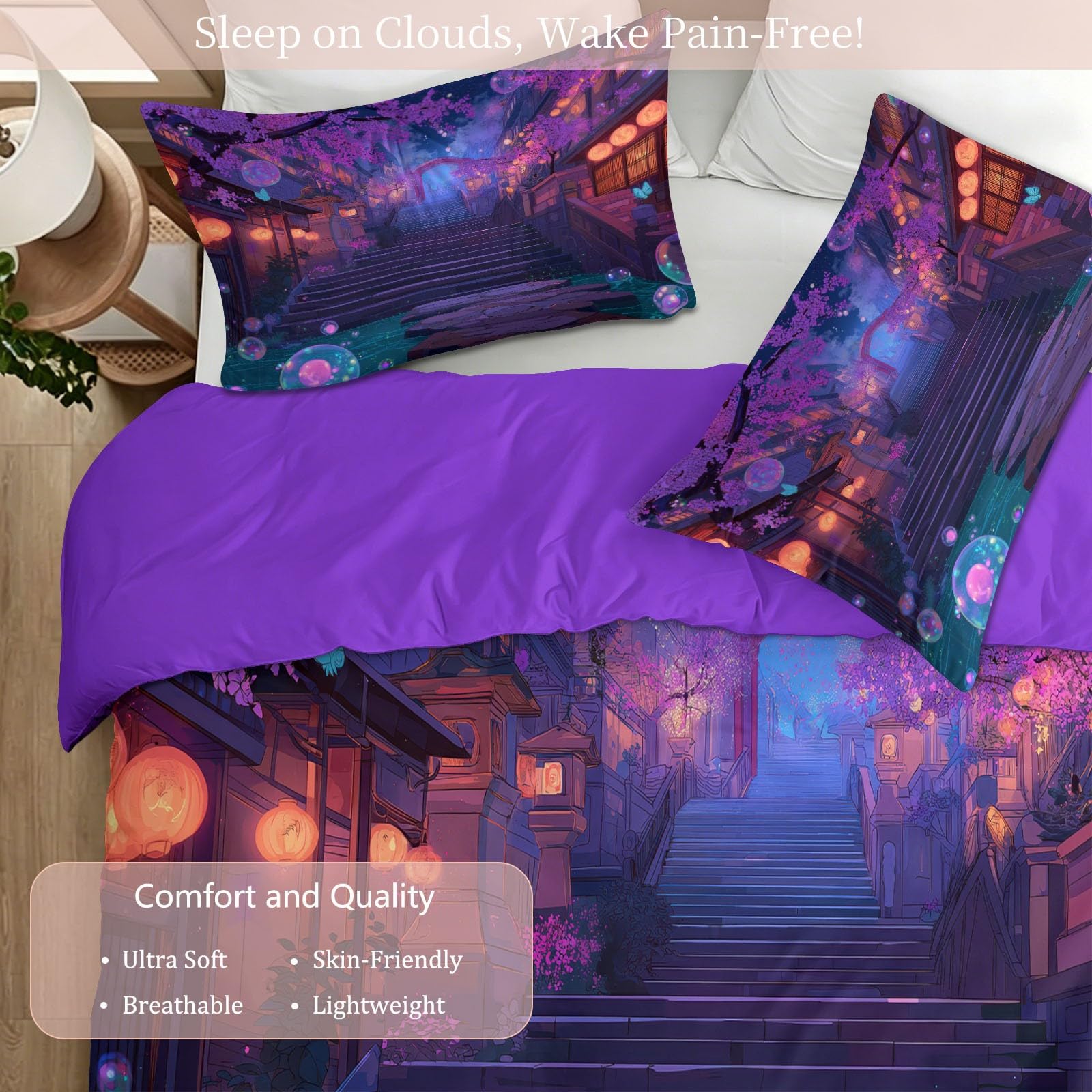 Generisch Bettwäsche Set Anime Bettbezug 200x200 cm Steinstufen‑Laterne 3D-Druck Bettwäsche-Sets 3 teilig Bügelfrei & Weich Mikrofaser Deckenbezug mit Reißverschluss und 2 Kissenbezug 80x80 cm, Lila