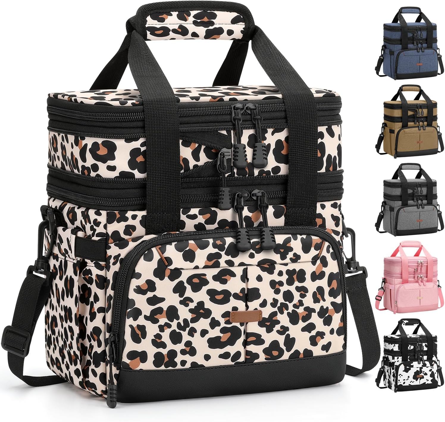 Pritent Lunch Box For Men Women Double Deck Insulated Lunch Bag For Men Woman Leakproof Expandable Cooler Bag with Adjustable Shoulder Strap for Work Picnic School(Leopard,Medium)