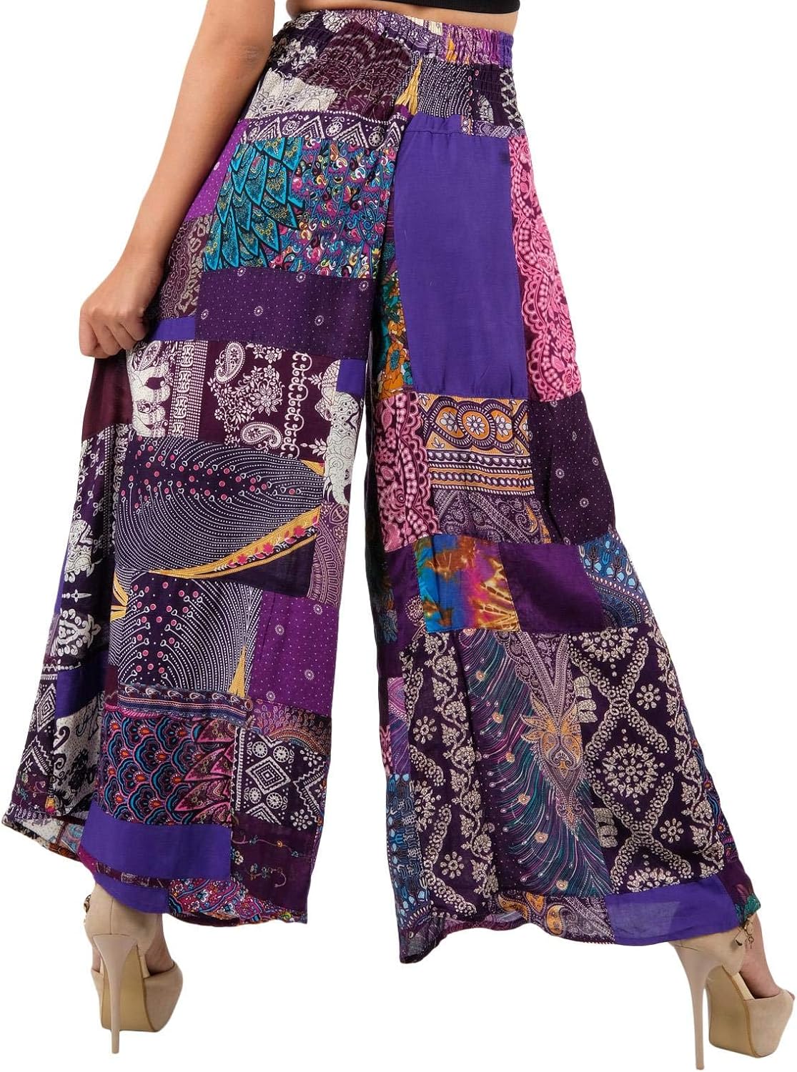 LOFBAZ Women's Patchwork Wide Leg Palazzo Pants Yoga Hippie Harem Trousers