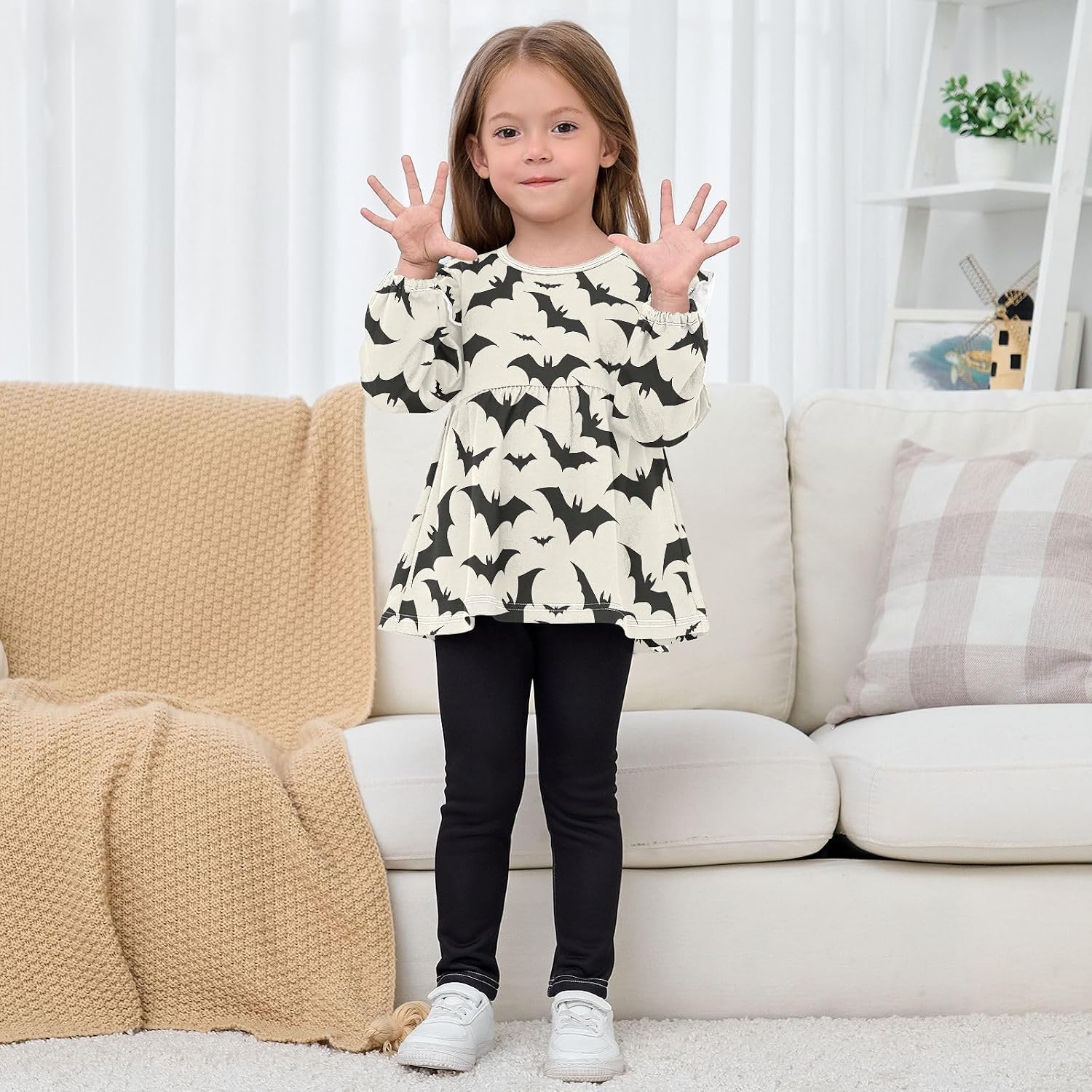 visesunny Toddler Clothes for Girls Black Bat Silhouette Long Sleeve Fall Shirts Cotton Top with Ruffle Collar