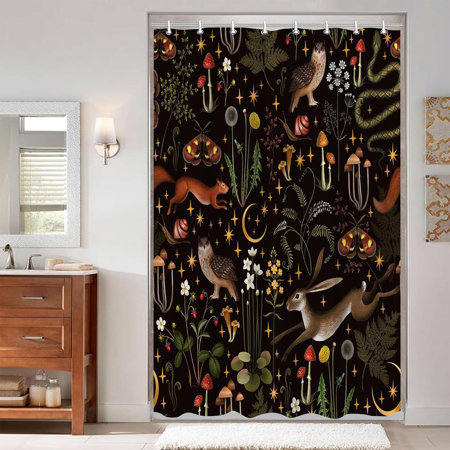 Fairy Rustic Forest Shower Curtain, Boho Cute Funny Gothic Vintage Mushrooms Woodland Wild Animals Butterfly Bathroom Decor，Waterproof Fabric Shower Curtain Set with Hooks 72X84Inch