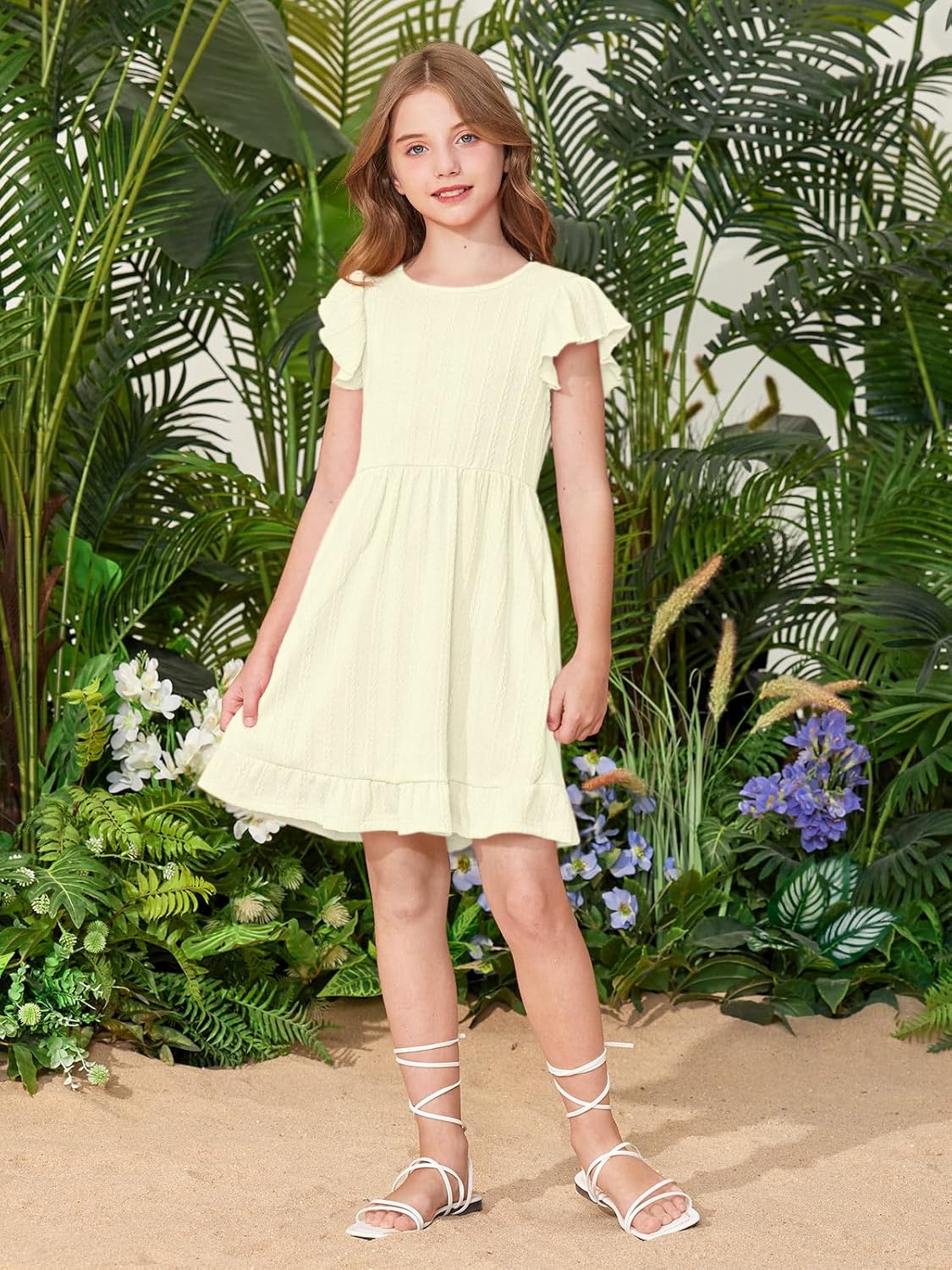 BesserBay Girls Summer Ruffle Dress Flutter Sleeve Casual Ribbed Dresses Elastic Waist with Pockets 5-14 Years - Image 4