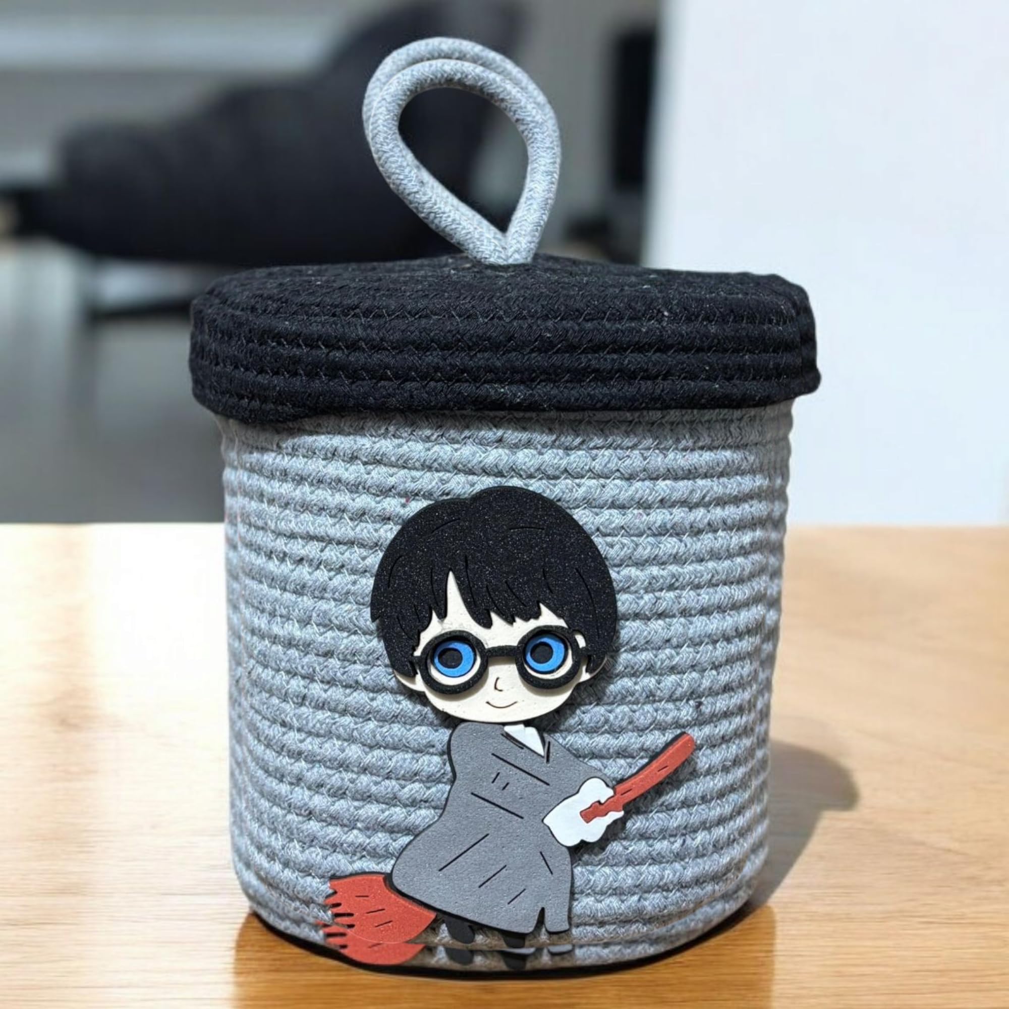 Cartoon character Cotton Jute Storage Box with Lid, Kids Toy Organizer, Grey & Black, 7 x 7 Inches-image-27
