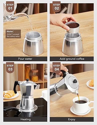 Miniatura 5 de 2 unidades  1 Moka Pot Espresso + adaptador de placa de inducción de acero inoxidable de 5.5 pulgadas, 6 tazas de aluminio italiano para estufa de