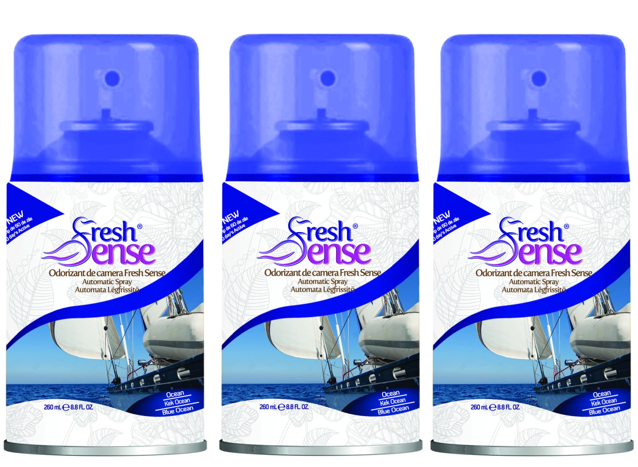 BLUE OCEAN Air Freshener Auto Spray Refill 260ml (PACK of 3) | FRESH SENSE | Long Lasting Room Fragrance for Home, Office, Bathroom, Toilet & Kitchen | Fits Any Automatic Freshener Gadget Machine