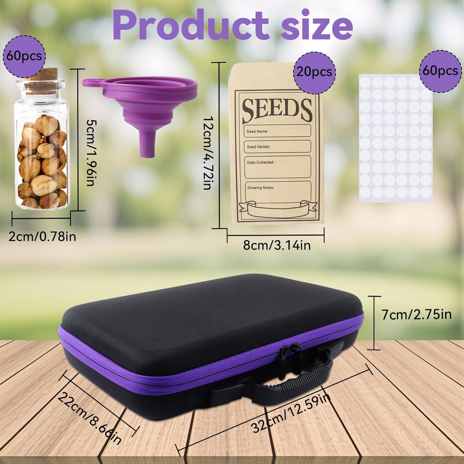 Klmnop 60 Slots Seed Storage Organizer with 20 Seed Envelopes, Seeds Storage Box with Double Zipper Bag Label Stickers Funnel for Flower Vegetable(Black) - Image 2