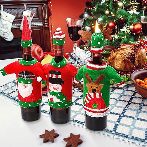 Miniatura 4 de Boao 6 juegos de fundas de botella de vino de Navidad y decoración de sombreros, suéter feo hecho a mano, vestido de botella de vino, vestido de