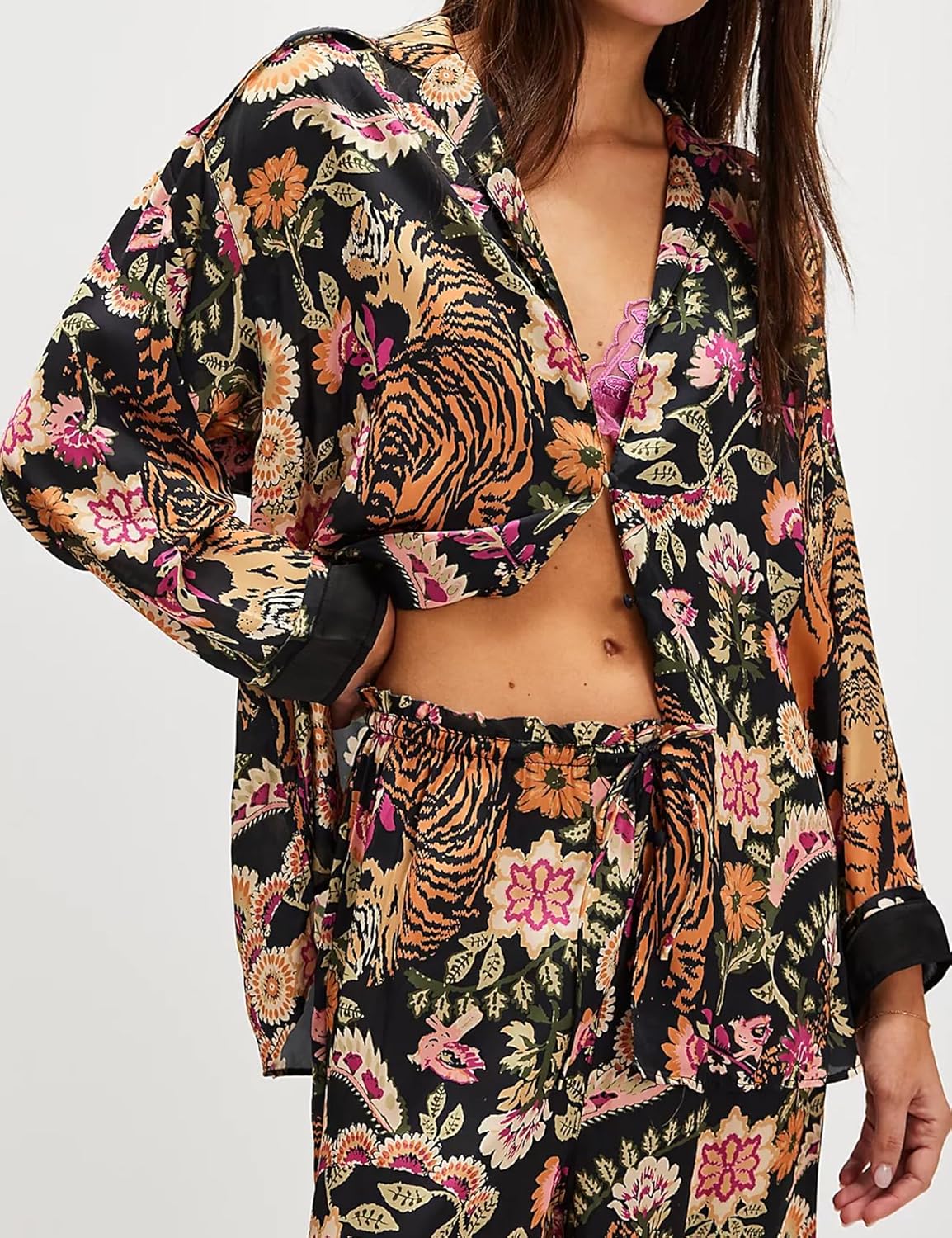 Yimoon Womens Satin Pajama Set Floral Silk Pajamas 2 Piece Cute Long Sleeve Button Down Pjs Sleepwear Lounge Set - Image 3