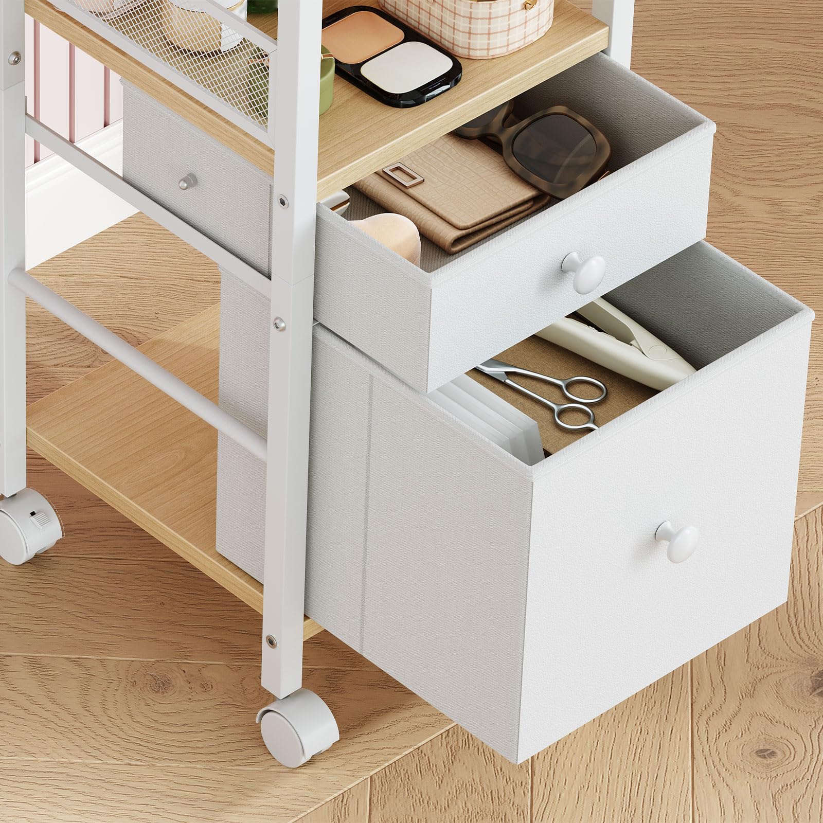 HOOBRO Doppel-Schubladen Kosmetikwagen, Mobiler Schminkwagen, Kosmetik-Aufbewahrungswagen, Badrollwagen für Hautpflegeprodukte, Pinsel, Nagellack, Friseurbedarf, Weiß und Natur EWN19TC04
