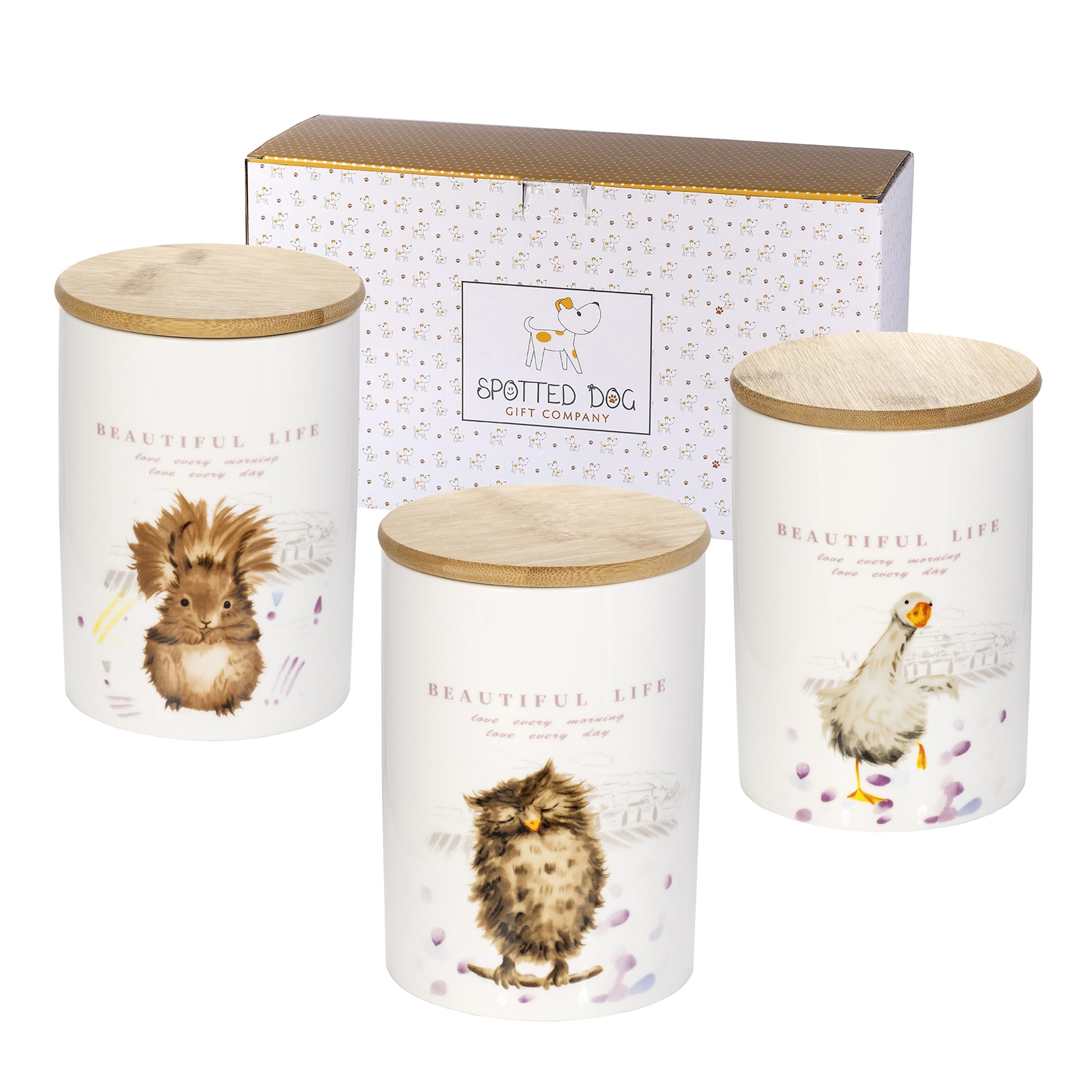 SPOTTED DOG GIFT COMPANY Juego de 3 Botes Cocina Almacenaje de Cerámica con Estampado de Ardilla Búho Ganso, Recipientes Herméticos para Alimentos con Tapa, Regalo para Amantes Animales