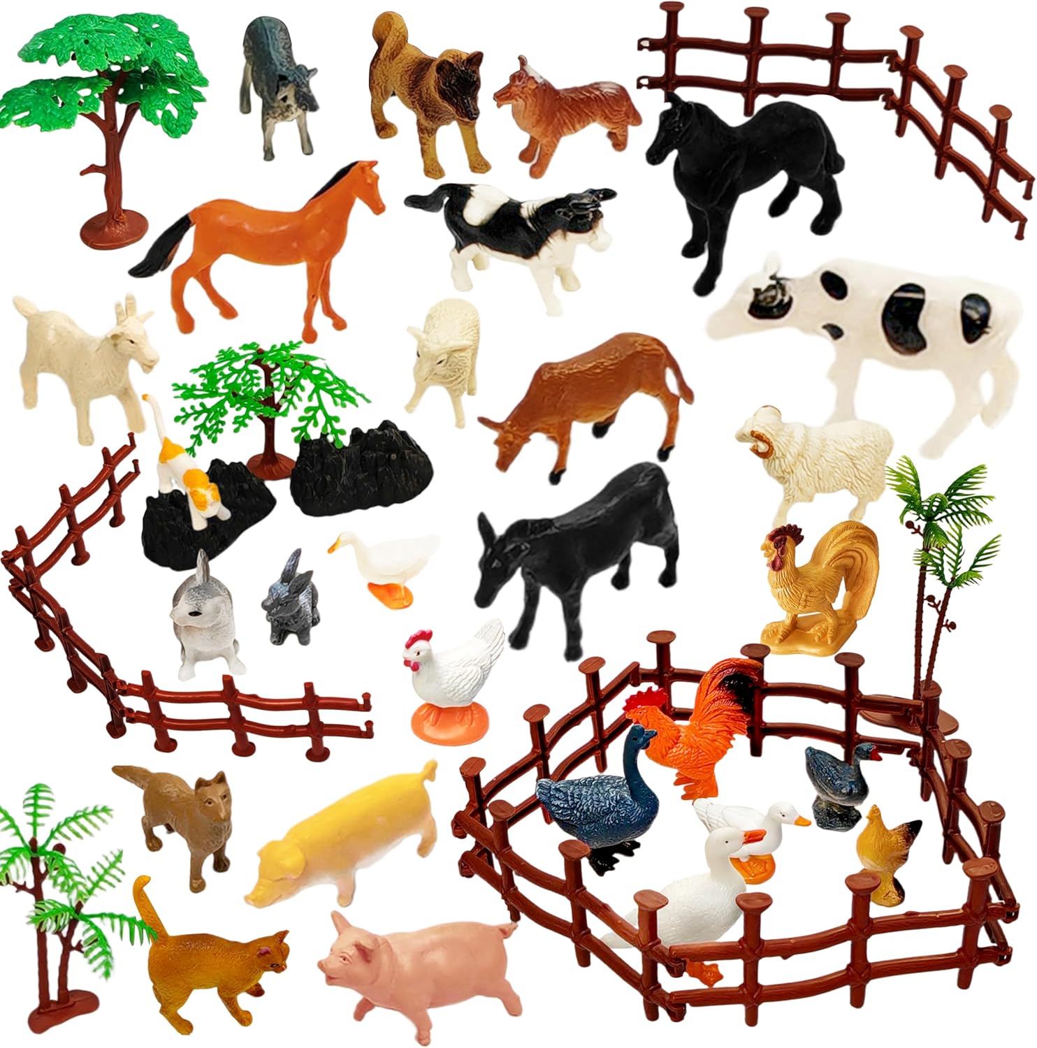 Realistic Farm Animal Figurines, Plastic Farm Figurines Playset Includes Fences, Cake Topper Cognitive Development Role Play Set​, Easter Basket Stuffers Essentials (44 pcs)