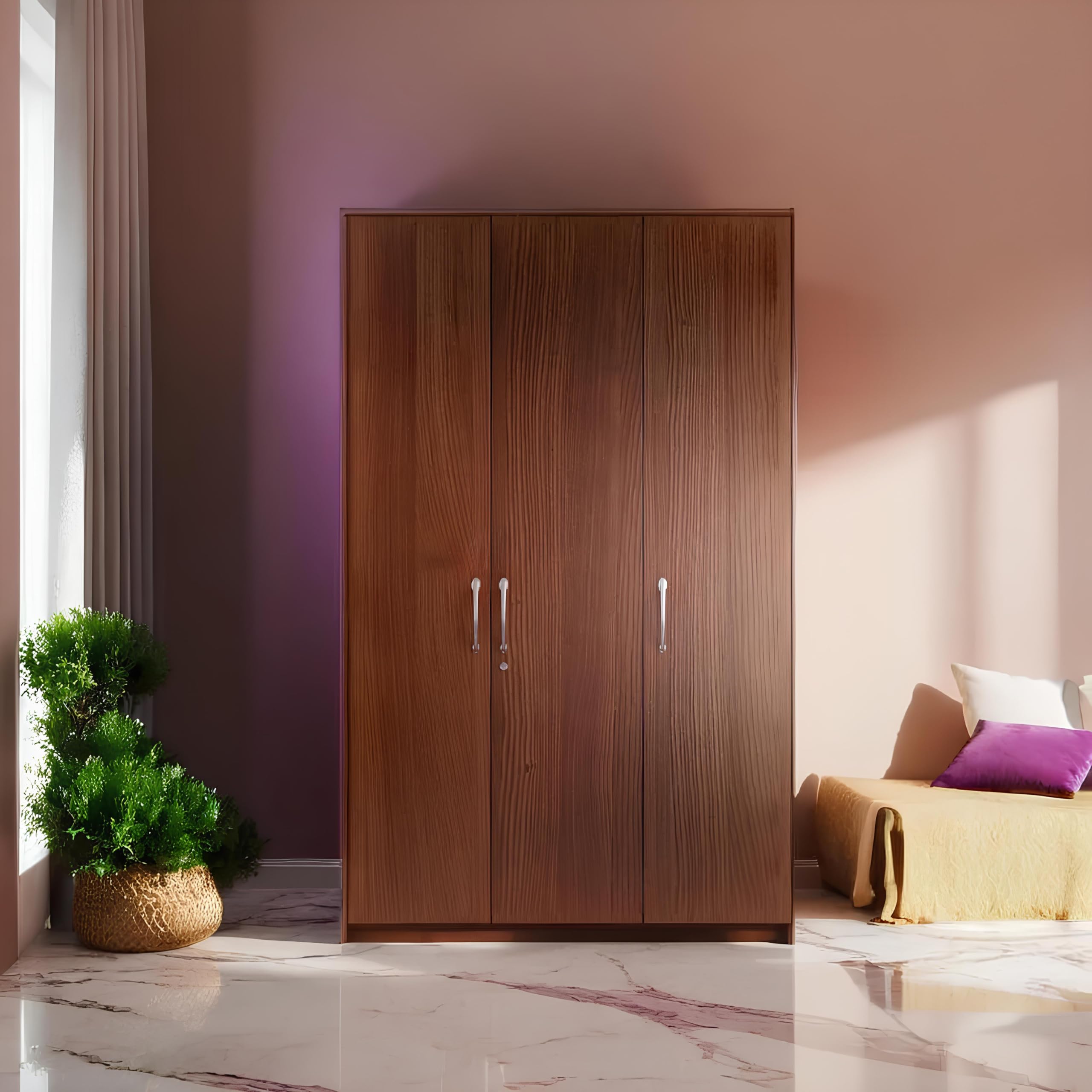 Prestige Furniture Medusa Engineered Wood 3 Door Wardrobe, Wooden Cabinet with Solid Wood Construction, Adjustable Shelves (Walnut Finish)-image-3
