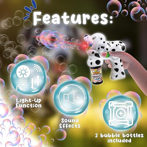 Miniatura 4 de Dálmata - Lanzador de burbujas con luces LED, sonido y 2 botellas de solución de burbujas, pistolas eléctricas de burbujas Forest & Twelfth para