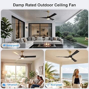 56 inch Modern Smart Ceiling Fan with Light, Black Gold Outdoor Ceiling Fans for Patios with Alexa/Google/App and Remote Control, 3 Blade DC High CFM for Indoor Bedroom/Living Room/kitchen Ceiling Fan
