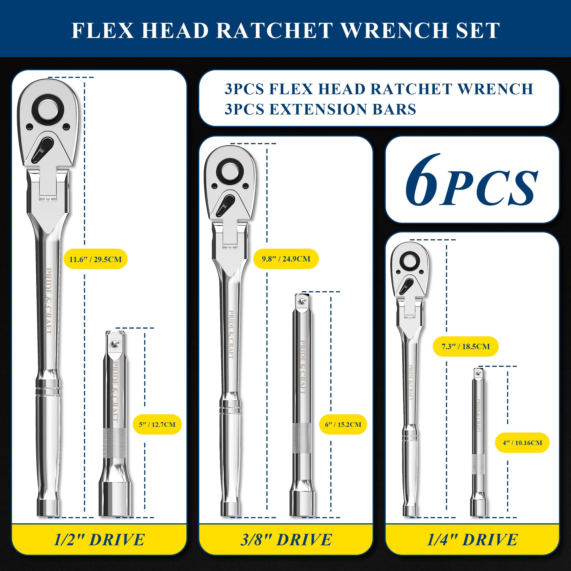 PRIDE&CRAFT 6-Piece Flex Head Ratchet Set, 1/4", 3/8", 1/2" Drive 72-Tooth Swivel Head Ratchet Wrench with Extension Bars - Image 2