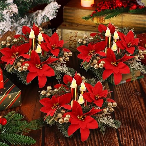 Tuanse 3 Set Poinsettia Centerpieces Christmas Floral LED Candles Decor