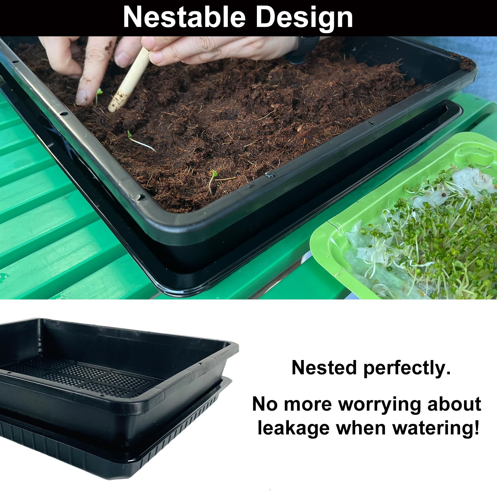 BeGrit 5 Stück Keimschalen für Sprossen Pflanzschale schwarz Anzuchtkasten für Pflanzen (37 x 30 x 7.5cm) Mit Wasserwanne für Mircogreen Setzlinge Sukkulenten Gewächshaus