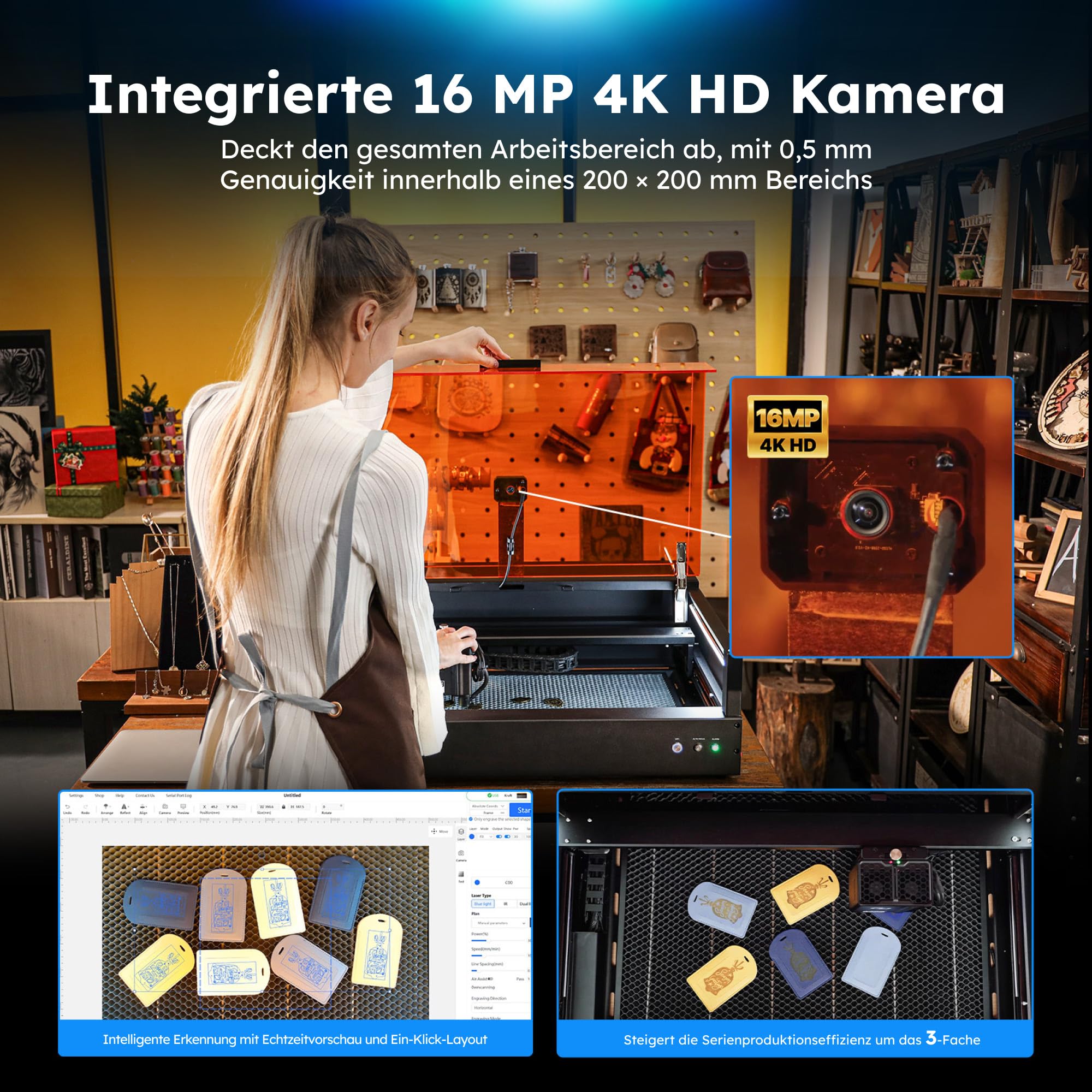 AtomStack Kraft 40 W Diode – Laser Autofokus Lasergravurmaschine – Kamera – Basis-Set – 600 mm/s – geschlossener Arbeitsbereich – 50 x 32 cm – Laserschneidemaschine für Metall, Holz, Leder