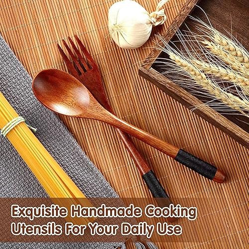 Miniatura 5 de Juego de cubiertos de madera con cucharas y tenedores de madera, juego de utensilios de madera de estilo japonés, juego de cubiertos de madera