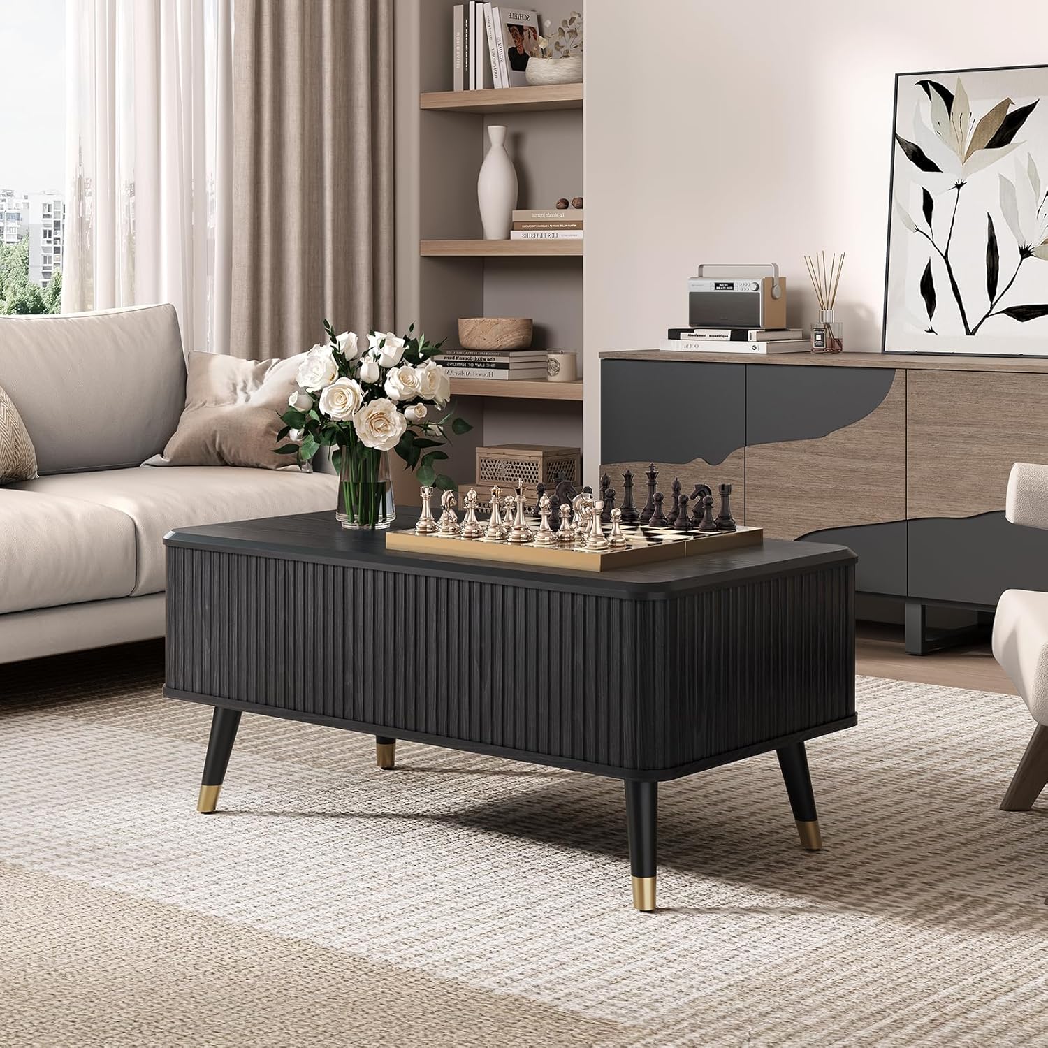 Lift Top Coffee Table with Storage, Mid Century Modern Rectangular Center Table, Fluted Design with Hidden Compartment, Rising Desk for Work from Home, Living Room Furniture, Black Finish