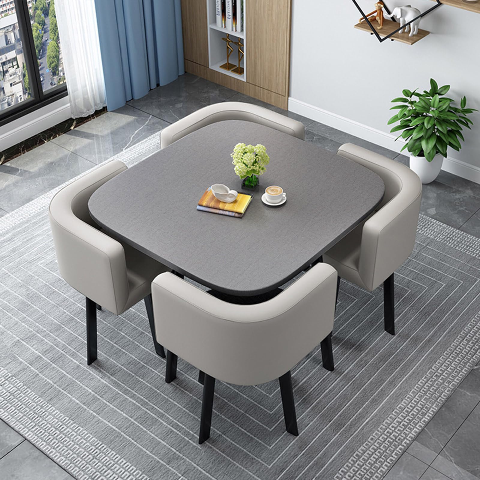 Round/Square Dining table Set with Chairs, Modern Conference Table and 4 Chairs Set, Reception Table and Chair Combination,Wooden Kitchen Table Set for 4 for Living Room Dining Room(80cm(31.5in), 5)