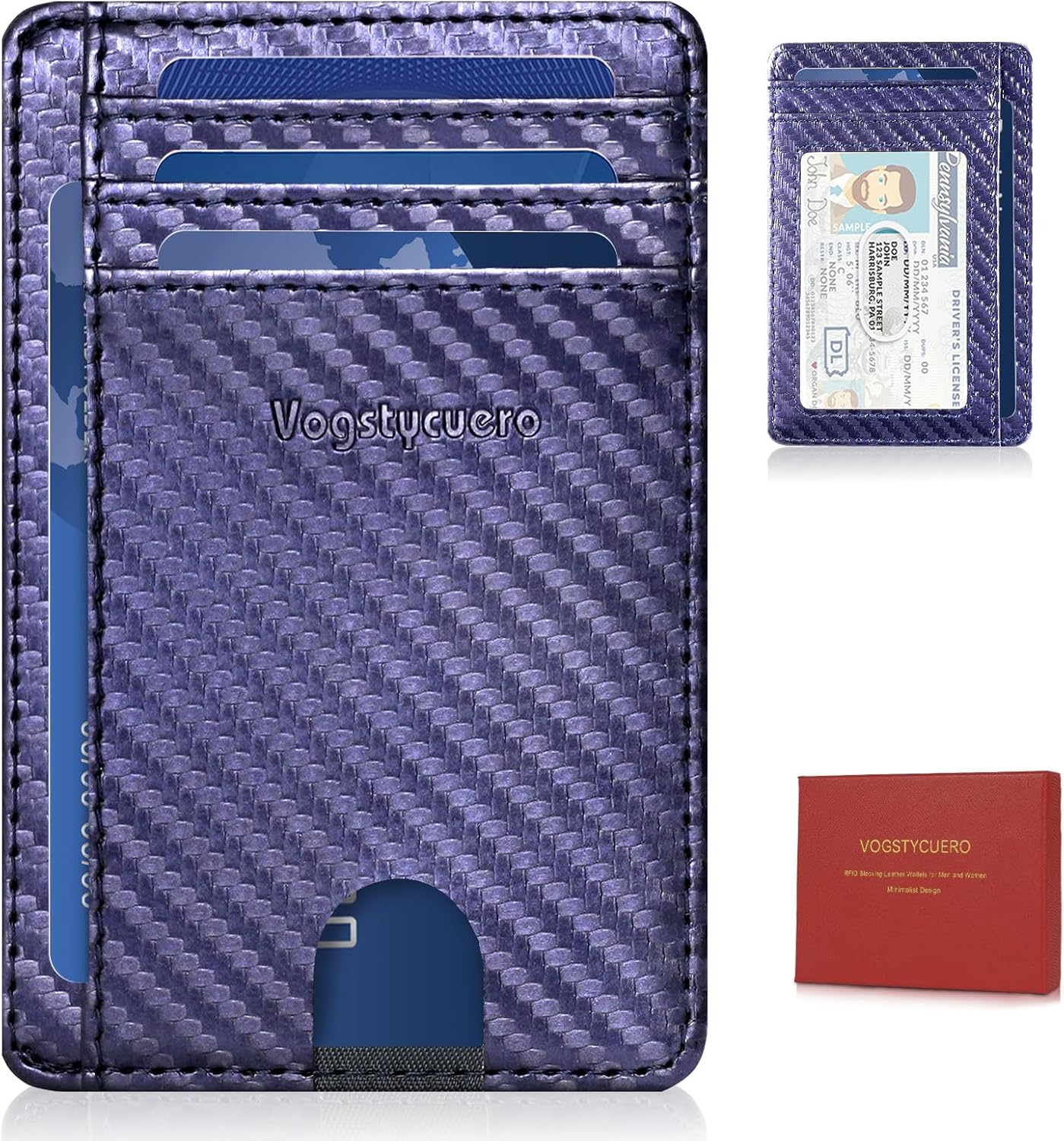 2 Pcs Front pocket thin wallets for Men Women RFID Blocking Credit Card Holder Card Cases Slim Minimalist wallet with Gift Box (Carbon Fiber Blue2) - Image 2